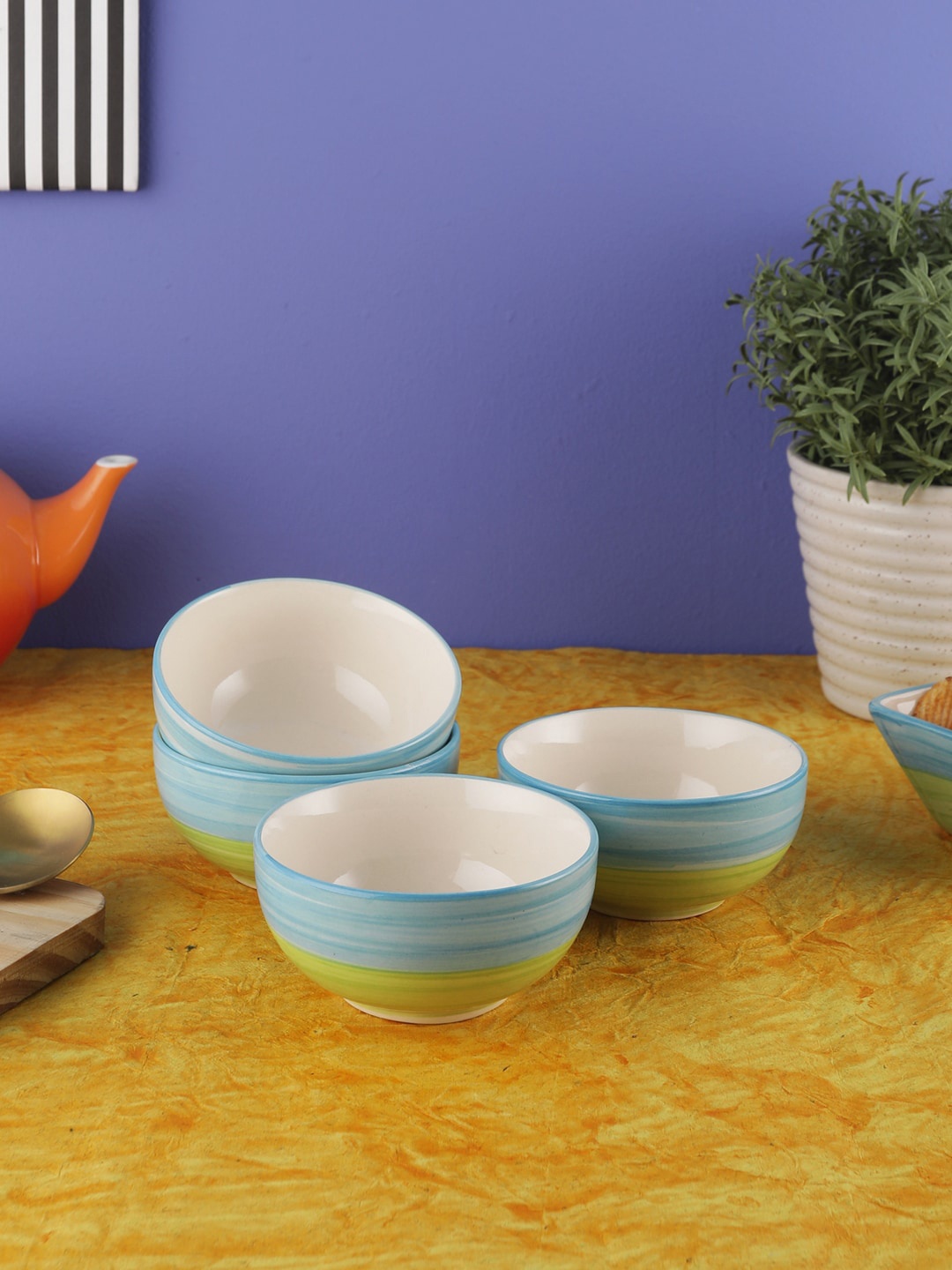 

VarEesha Blue & Green Colourblocked 4-Pieces Ceramic Veg Bowls Set