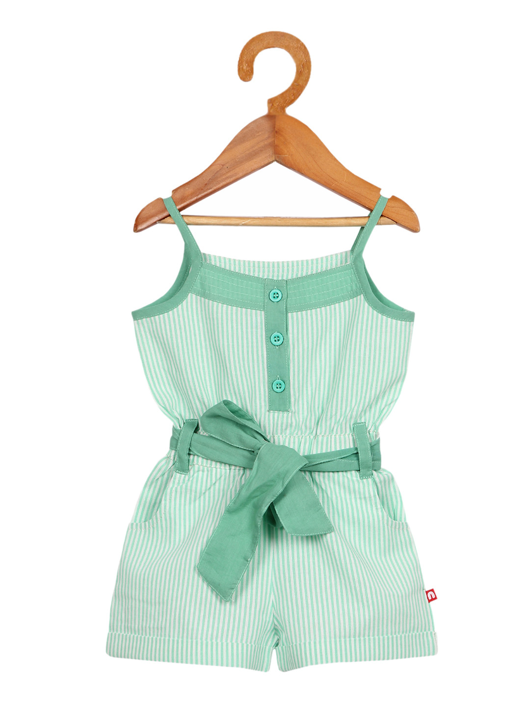 

Nino Bambino Girls Green Organic Cotton Striped Playsuit With Belt