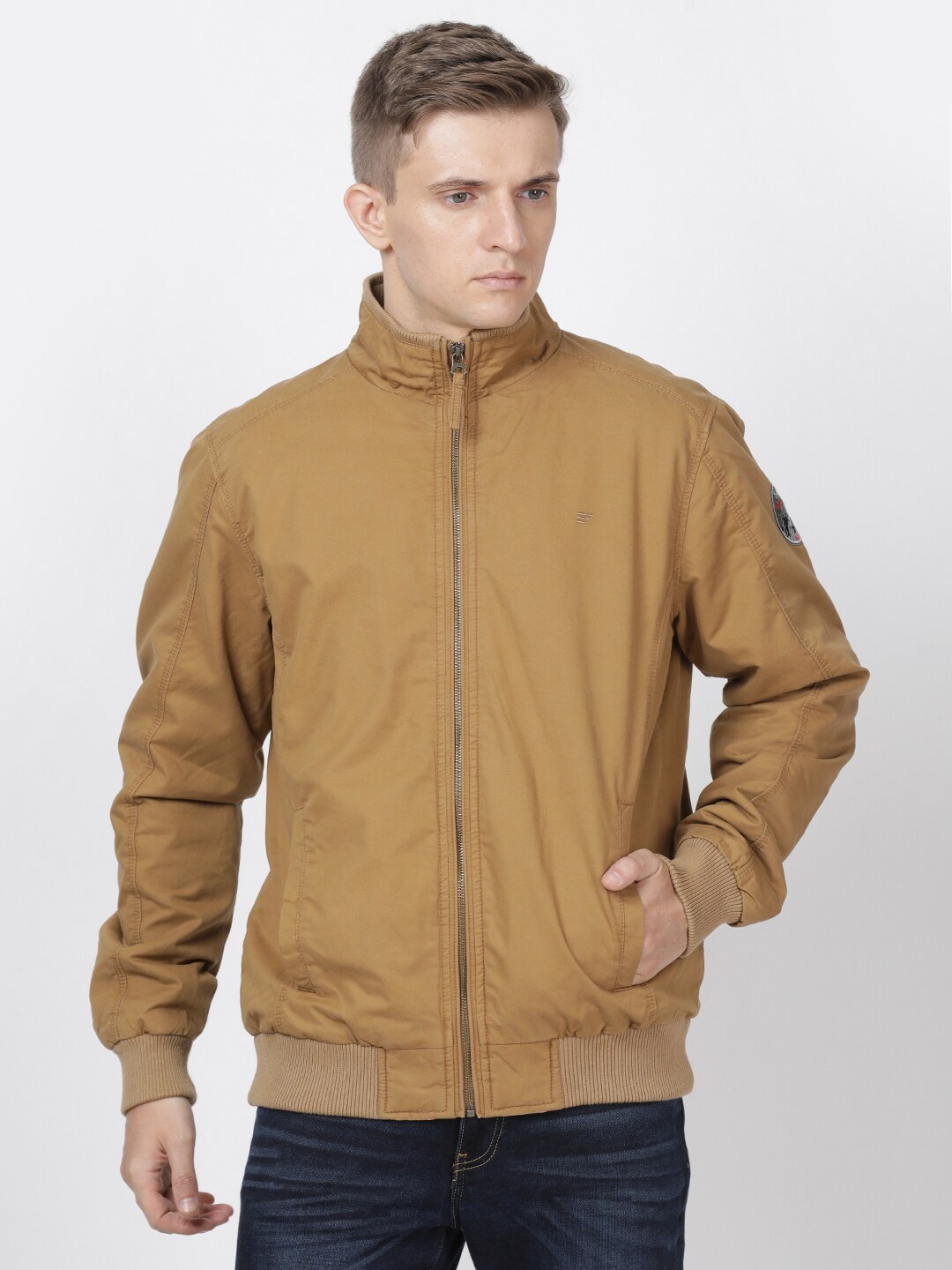 

t-base Men Brown Solid Lightweight Bomber Jacket