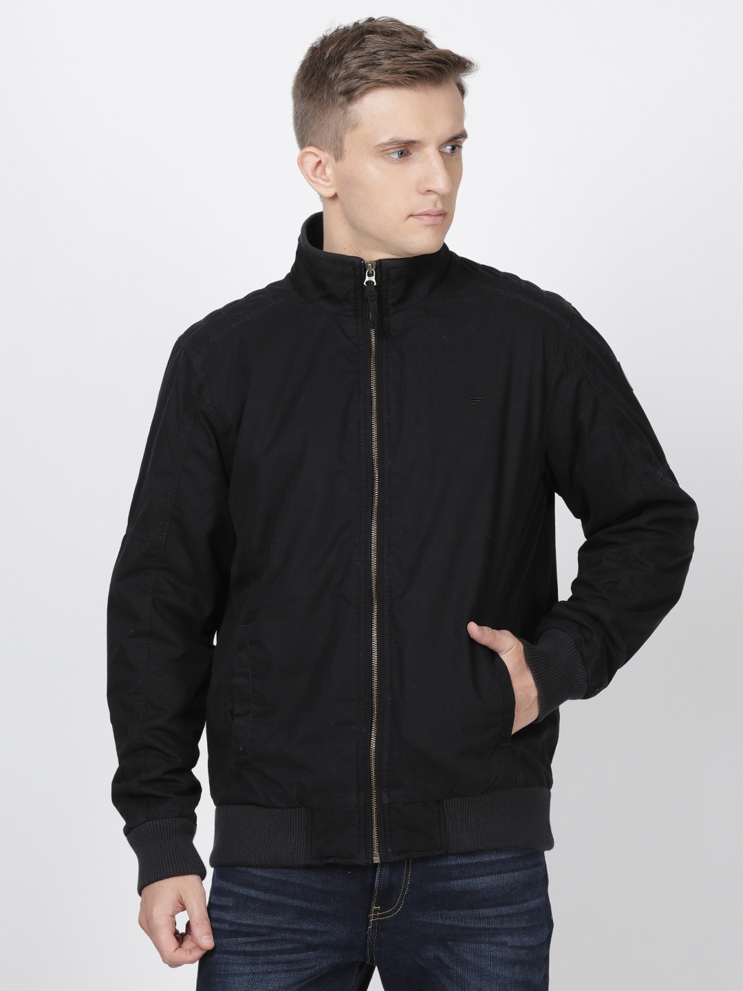 

t-base Men Black Solid Lightweight Bomber Jacket