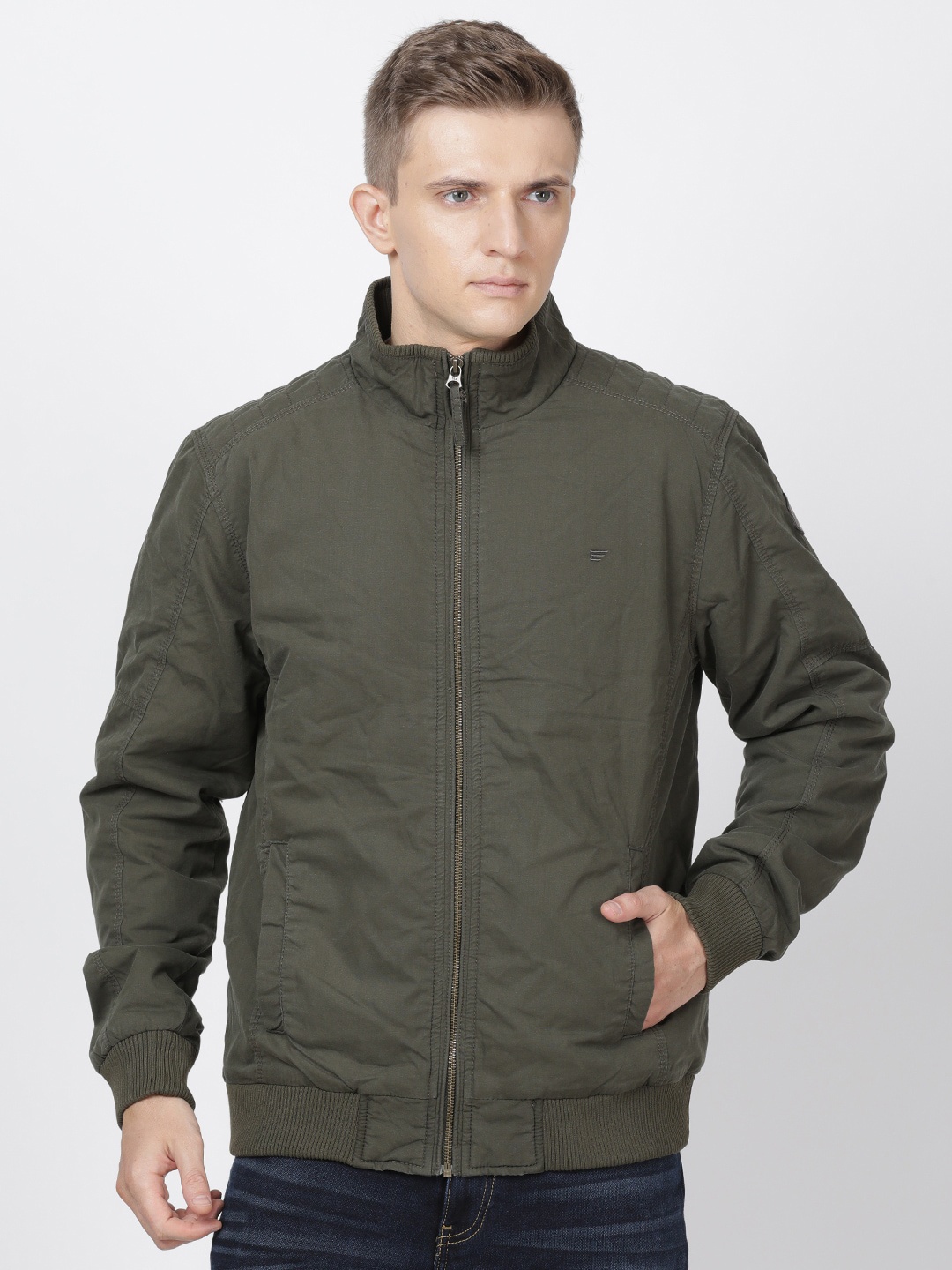 

t-base Men Olive Green Solid Lightweight Bomber Jacket
