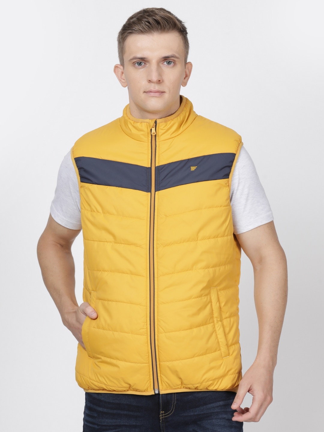 

t-base Men Mustard Yellow & Navy Solid Insulator Puffer Jacket