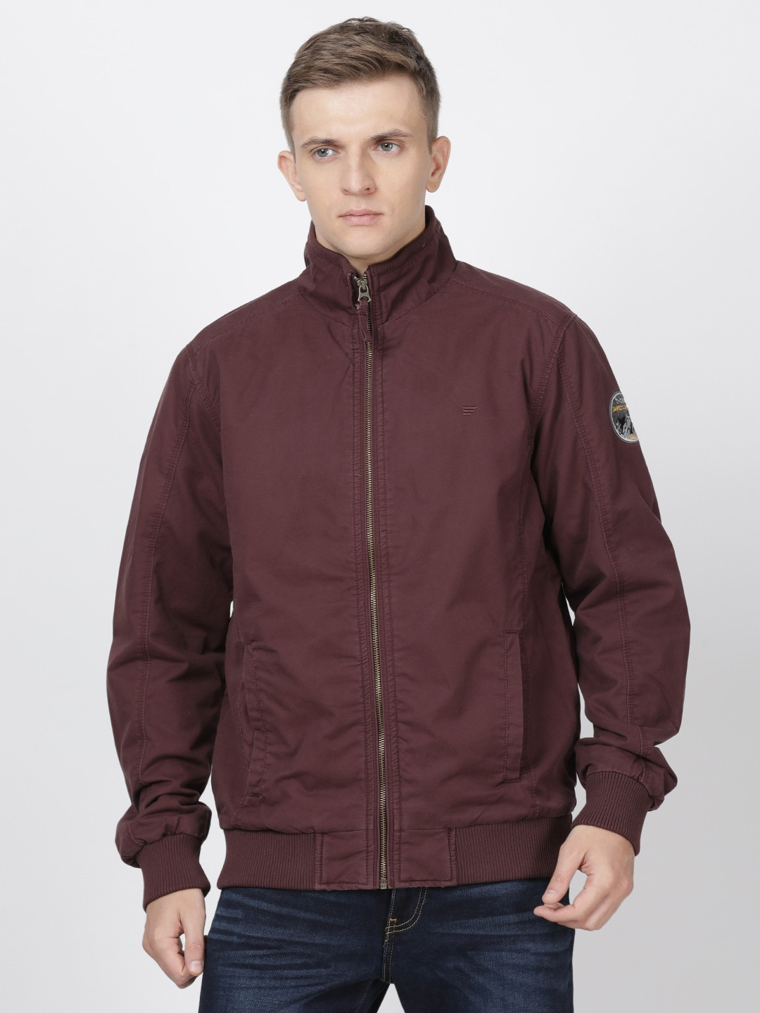

t-base Men Burgundy Solid Lightweight Bomber Jacket