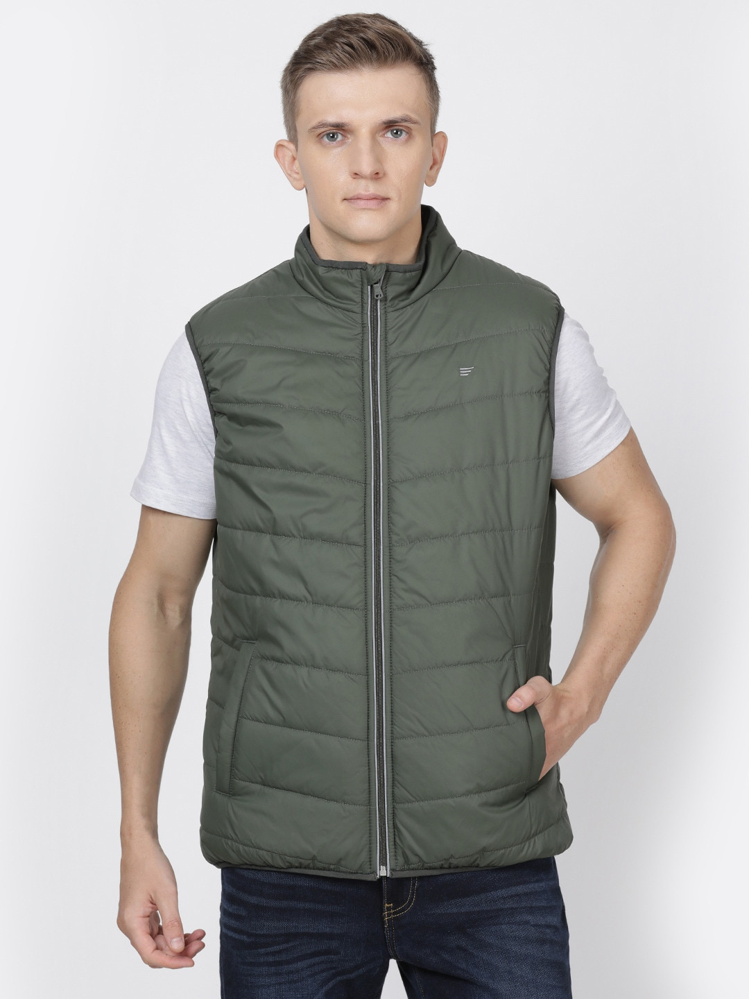 

t-base Men Olive Green Solid Lightweight Padded Jacket