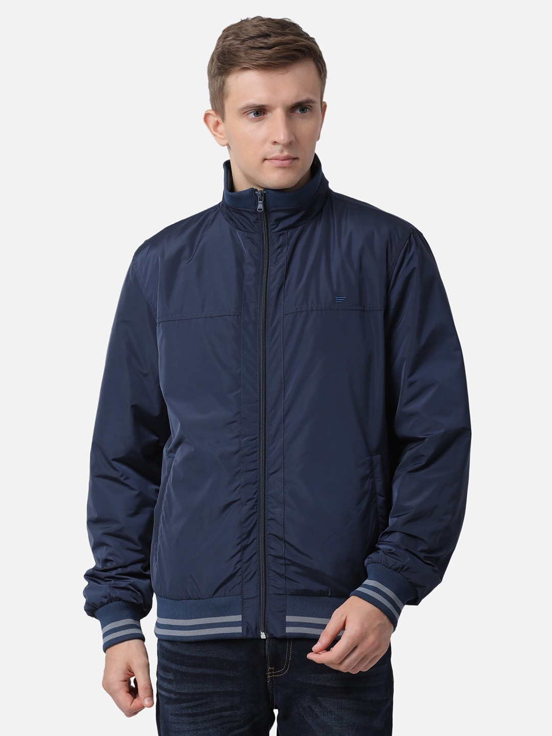 

t-base Men Navy Blue Solid Lightweight Bomber Jacket