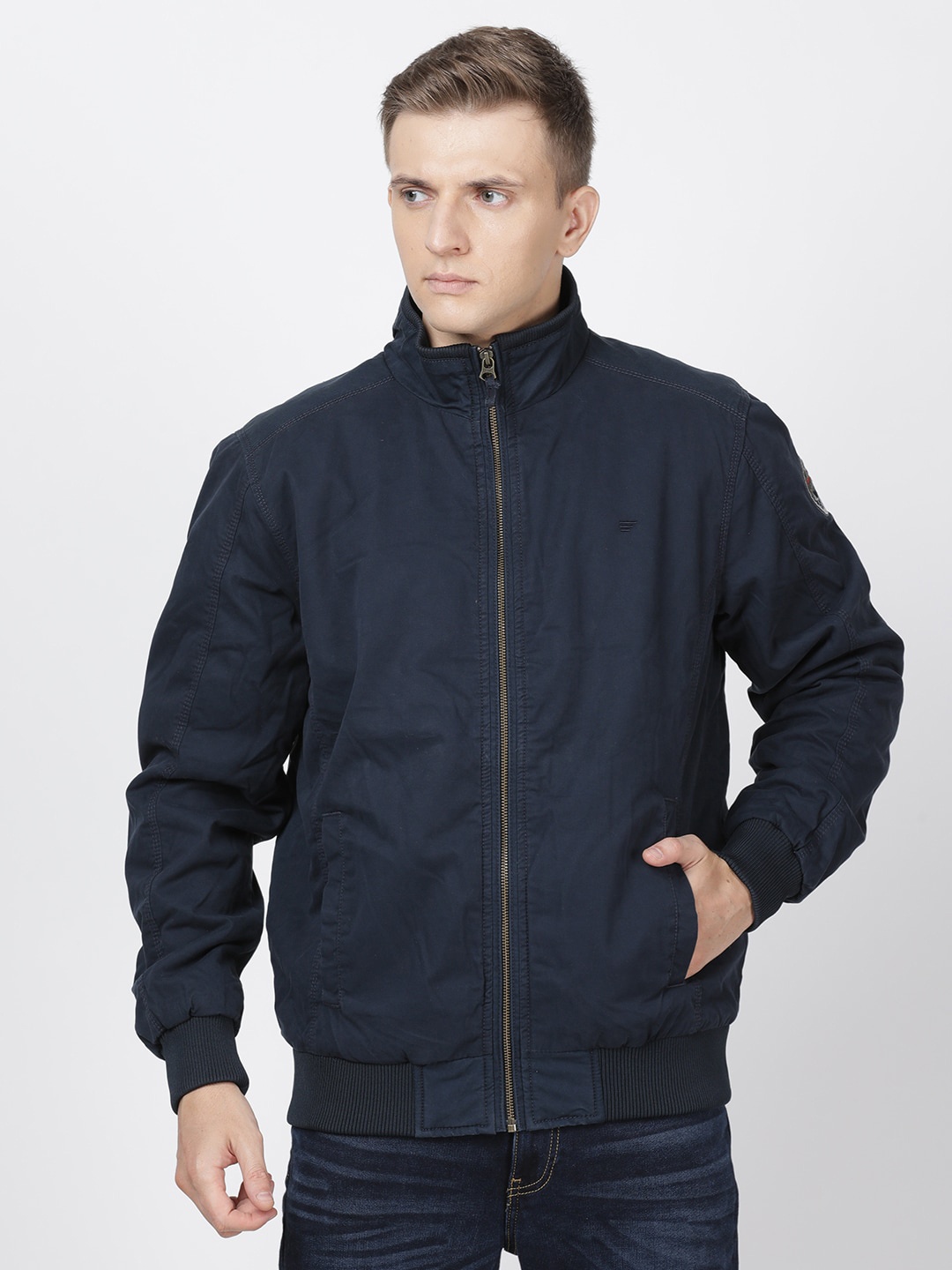 

t-base Men Navy Blue Solid Lightweight Bomber Jacket