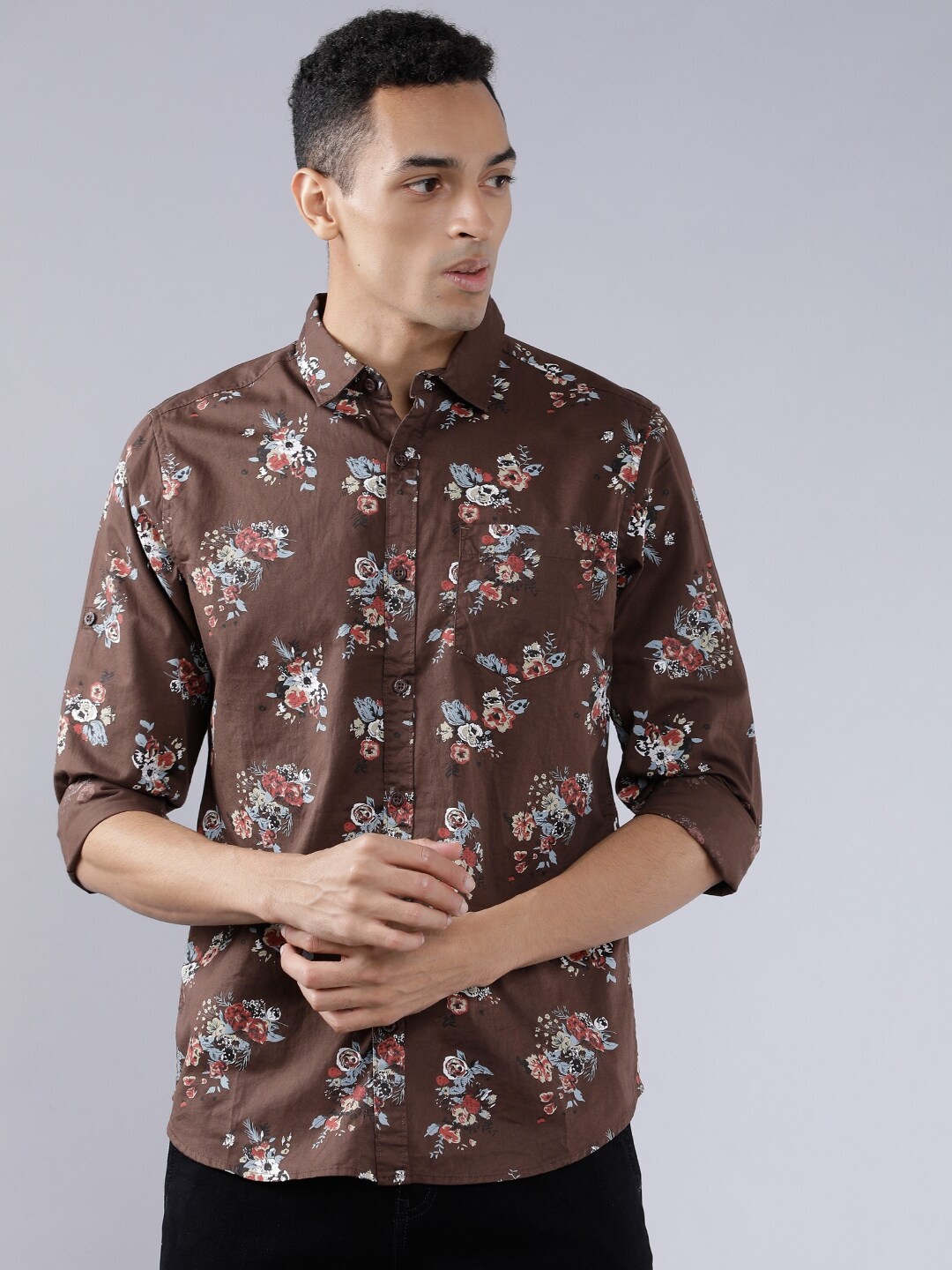 

HIGHLANDER Men Brown & Blue Slim Fit Floral Print Casual Shirt