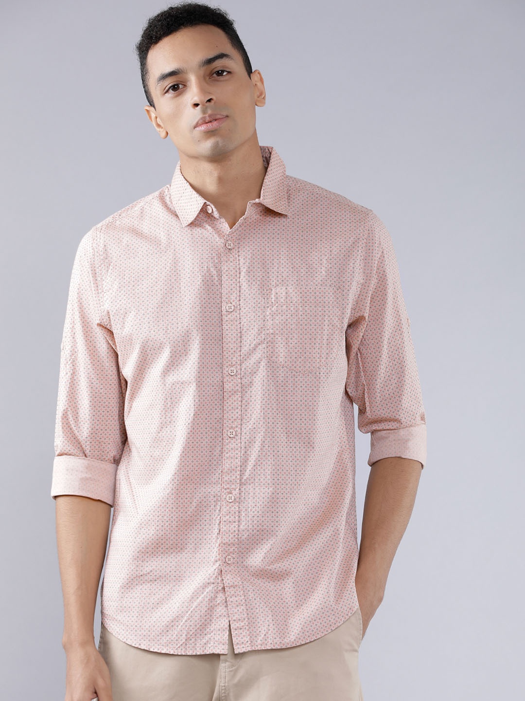 

HIGHLANDER Men Peach-Coloured Slim Fit Printed Casual Shirt