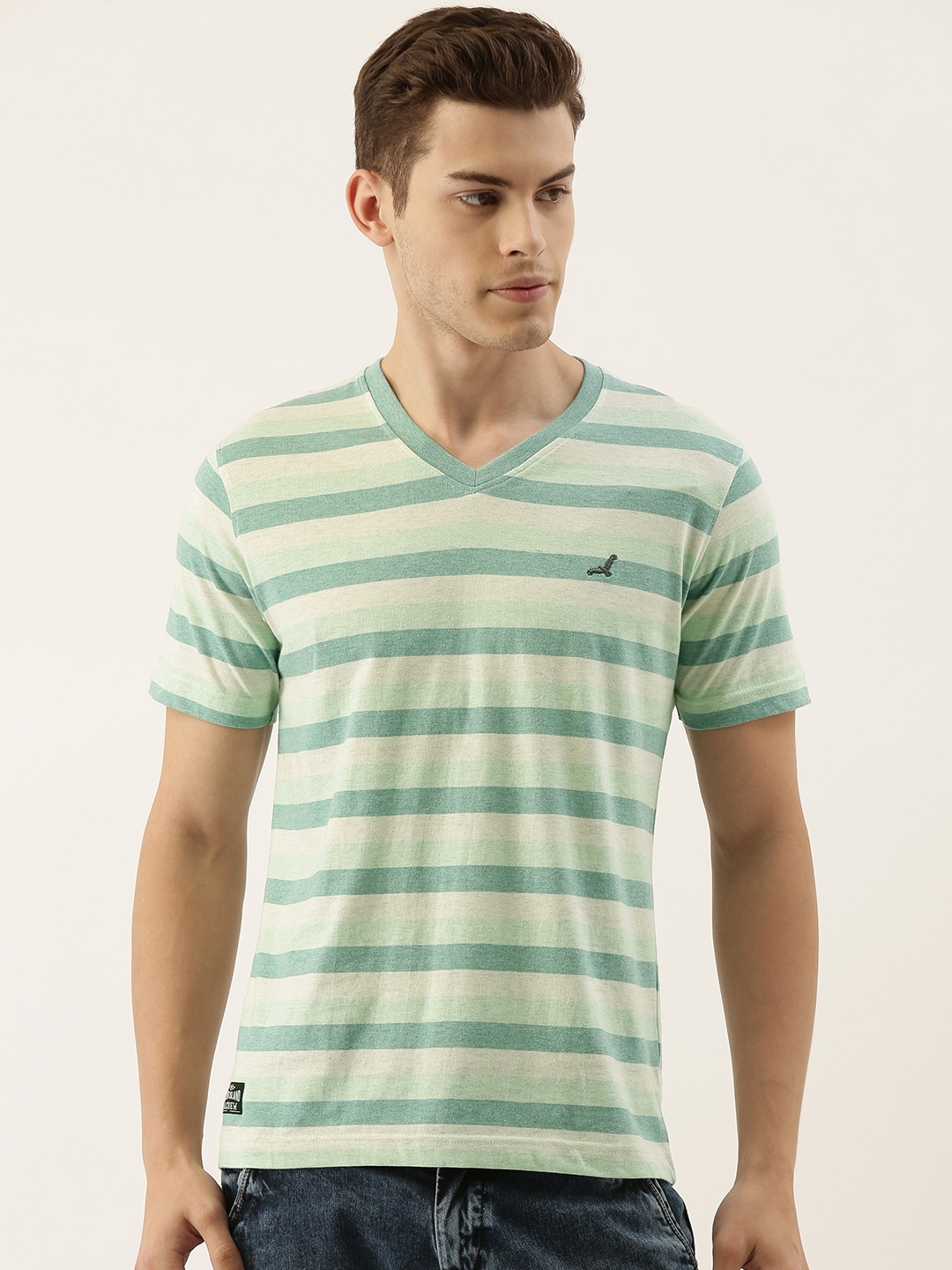 

American Crew Men Sea Green Off-White Striped V-Neck Pure Cotton T-shirt