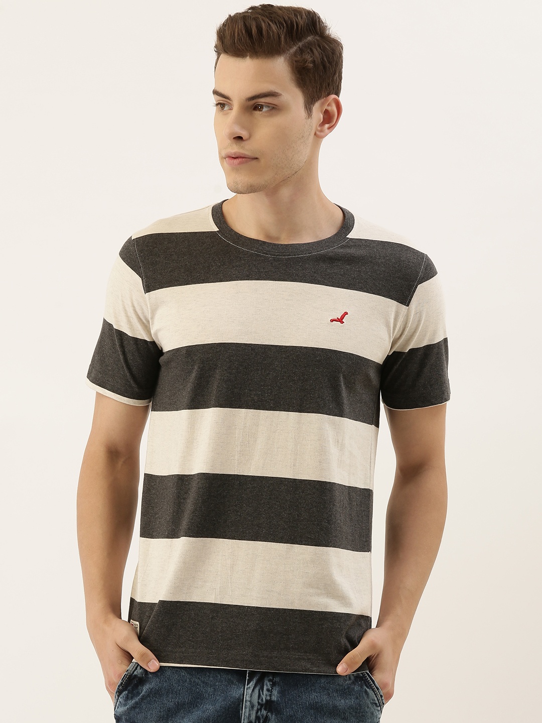 

American Crew Men Off-White Brown Striped Round Neck Pure Cotton T-shirt