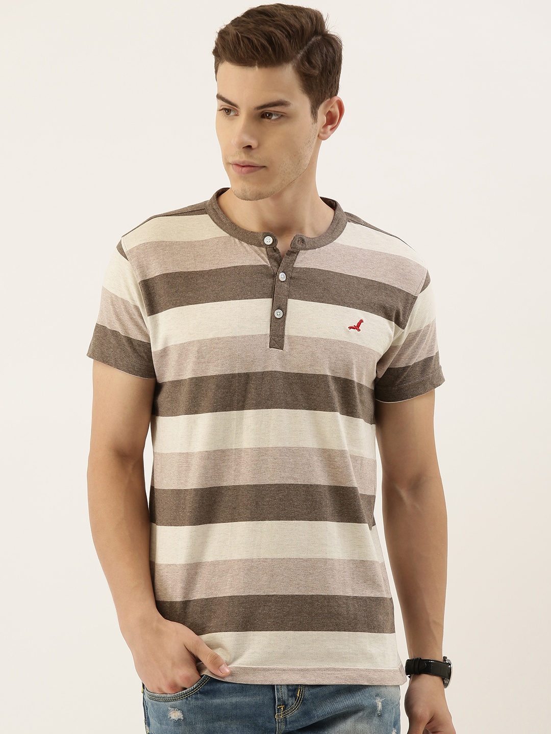 

American Crew Men Brown & Cream-Coloured Striped Henley Neck T-shirt
