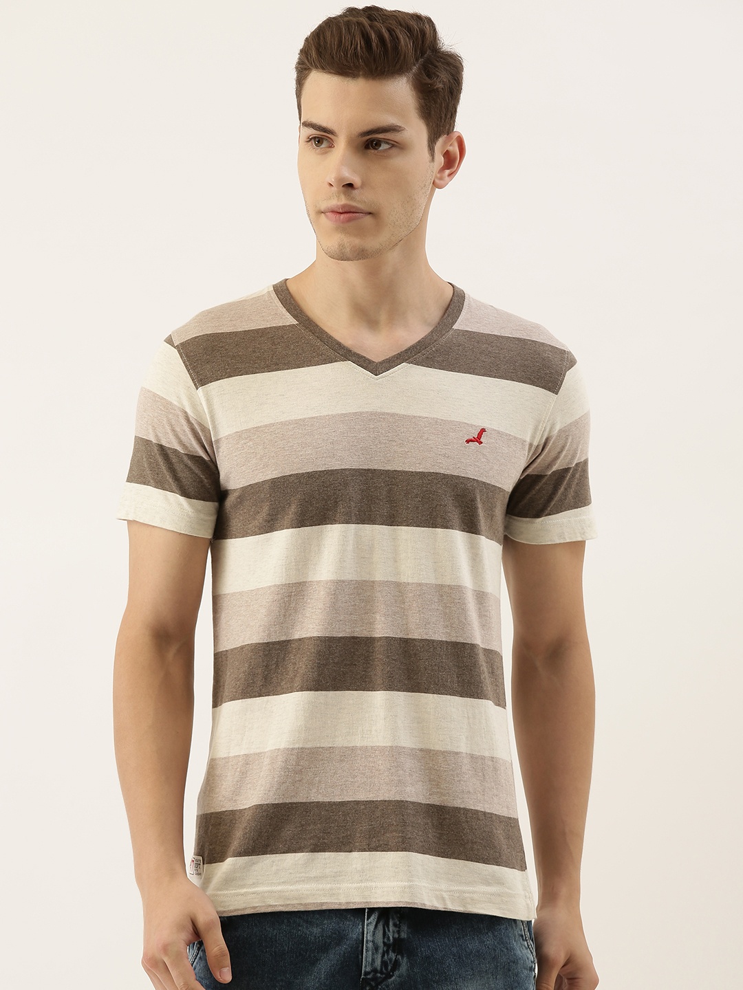 

American Crew Men Brown Cream-Coloured Striped V-Neck Pure Cotton T-shirt