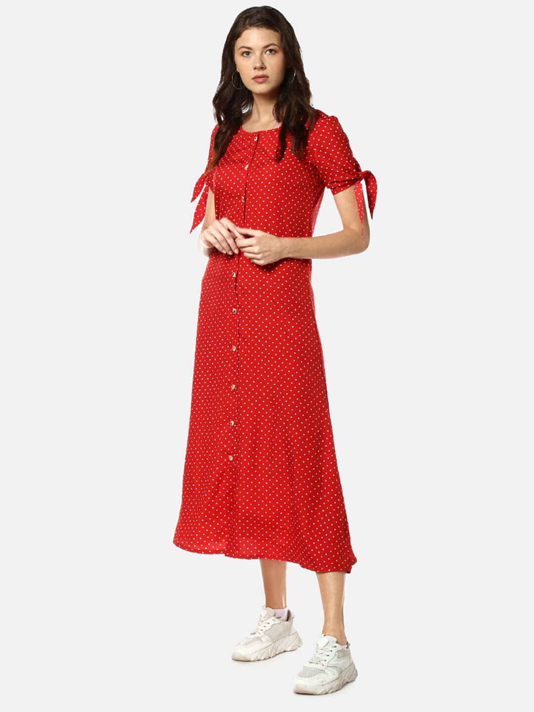 

Campus Sutra Women Red & White Ditsy Dots Print Midi A-Line Dress