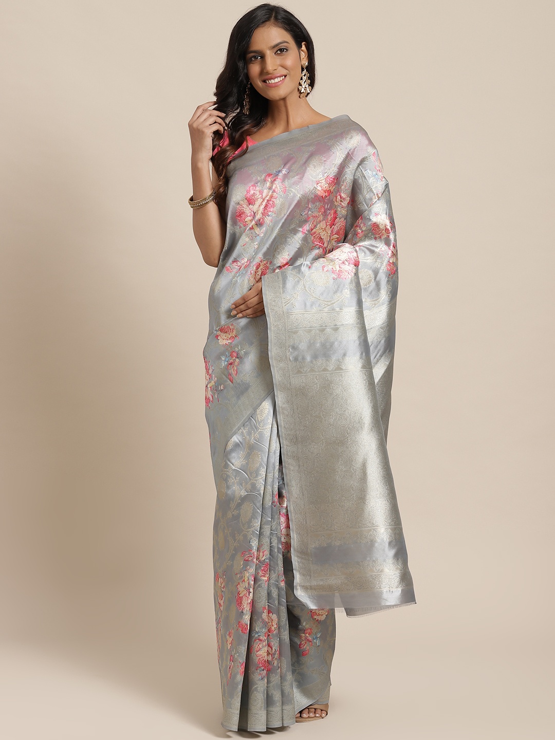 

Mitera Grey & Pink Zari Woven Design Saree