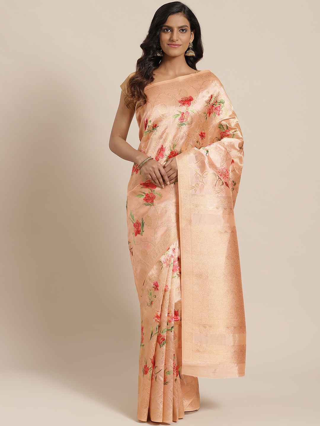 

Mitera Peach-Coloured & Golden Floral Patterned Zari Saree