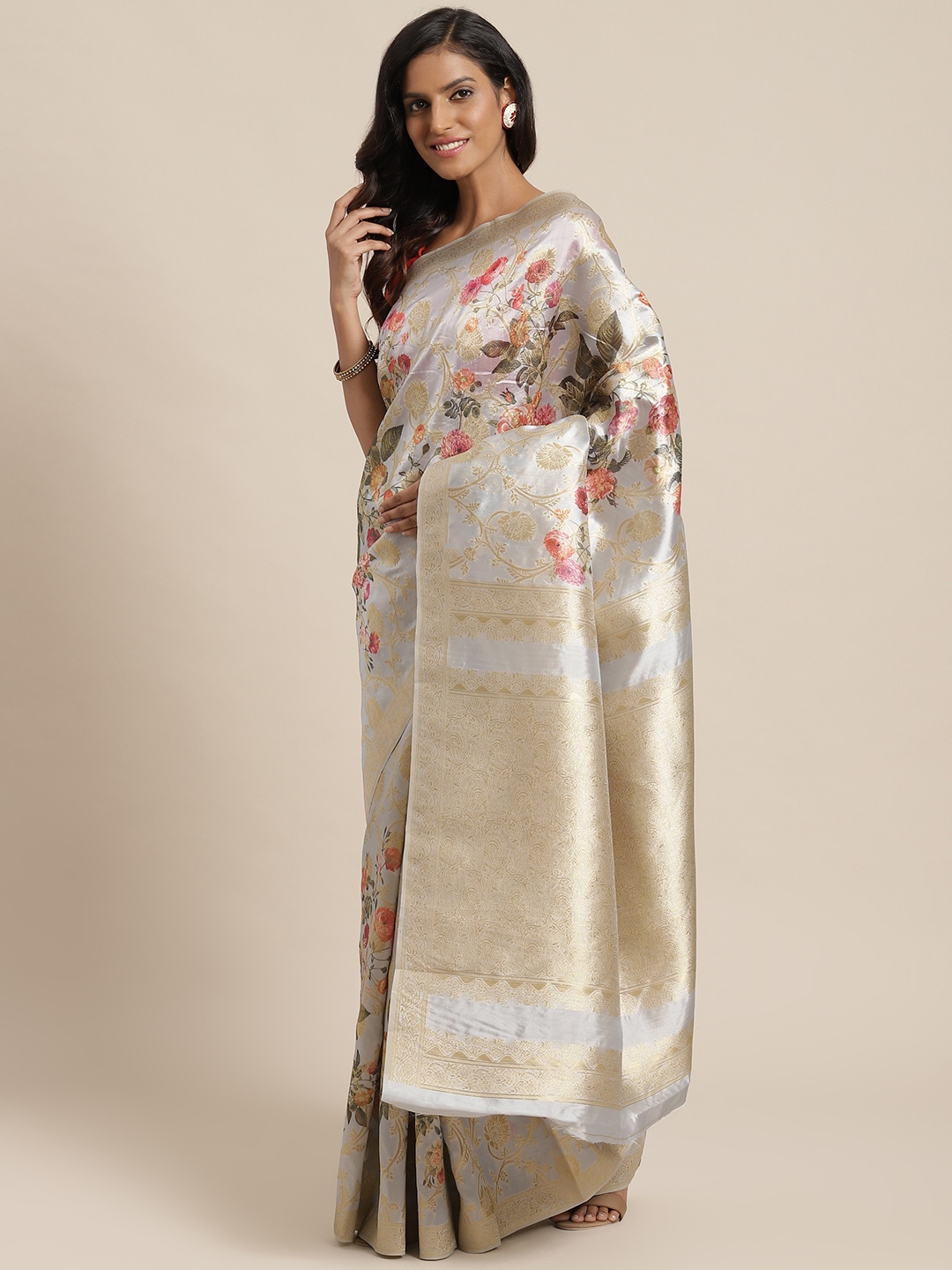 

Mitera Grey & Pink Zari Woven Design Saree