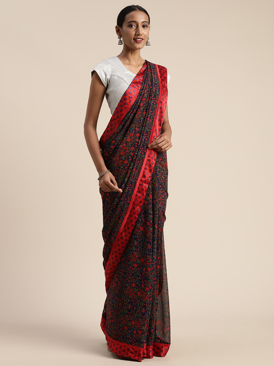 

Satrani Navy Blue & Red Pure Georgette Floral Printed Saree