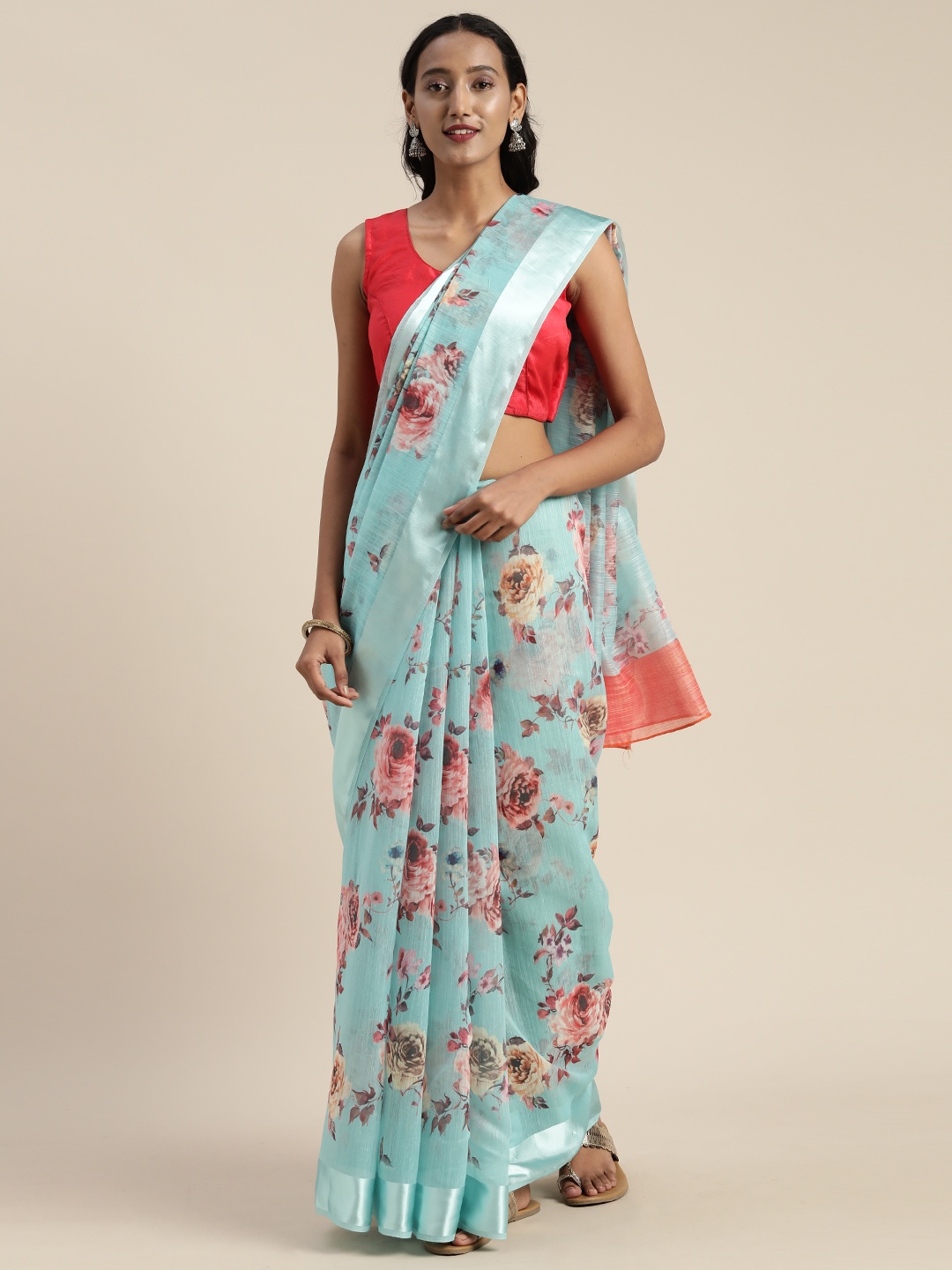 

Satrani Blue & Peach-Coloured Cotton Blend Floral Printed Saree