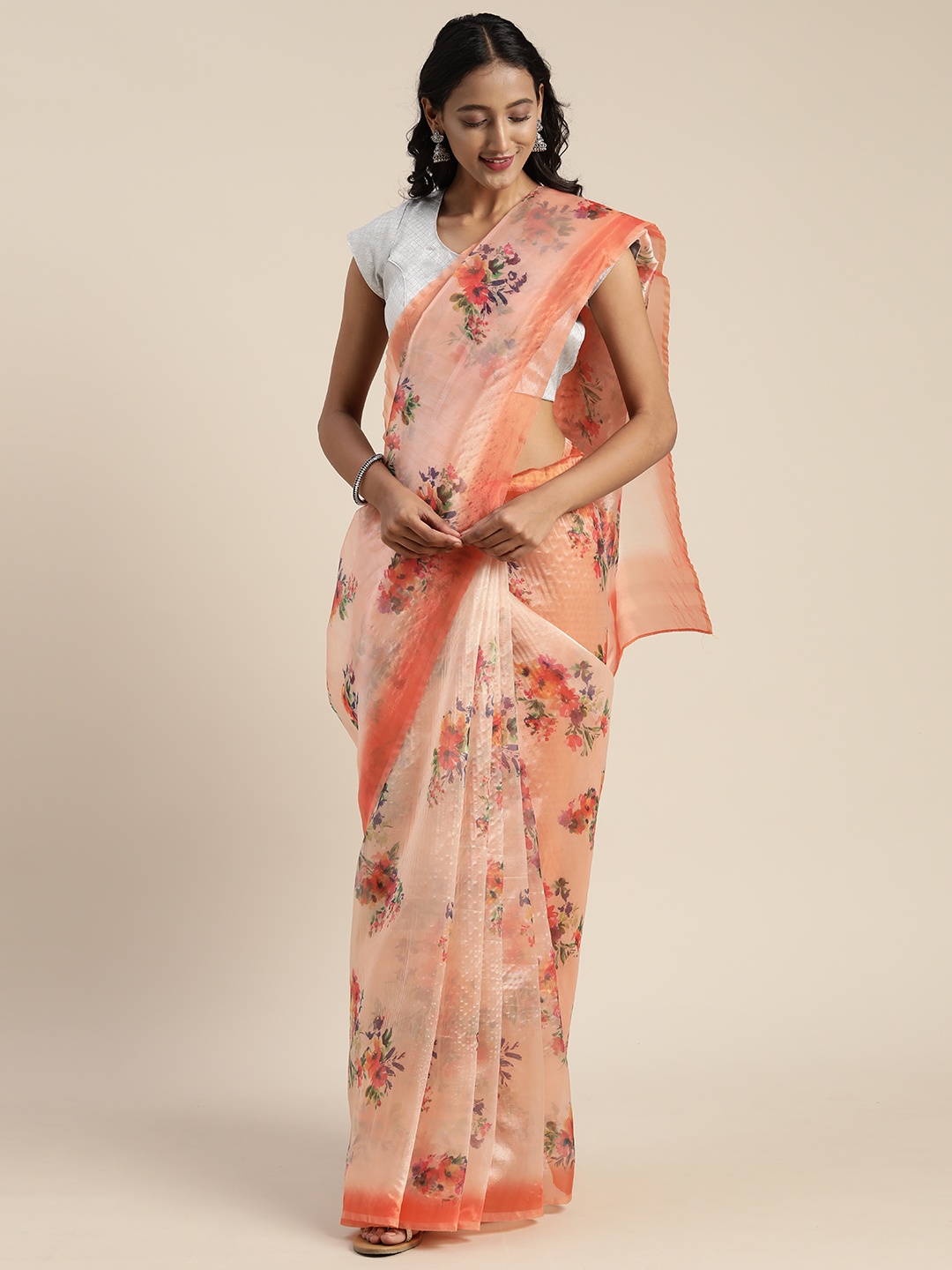 

Satrani Peach-Coloured & Green Floral Printed Organza Saree