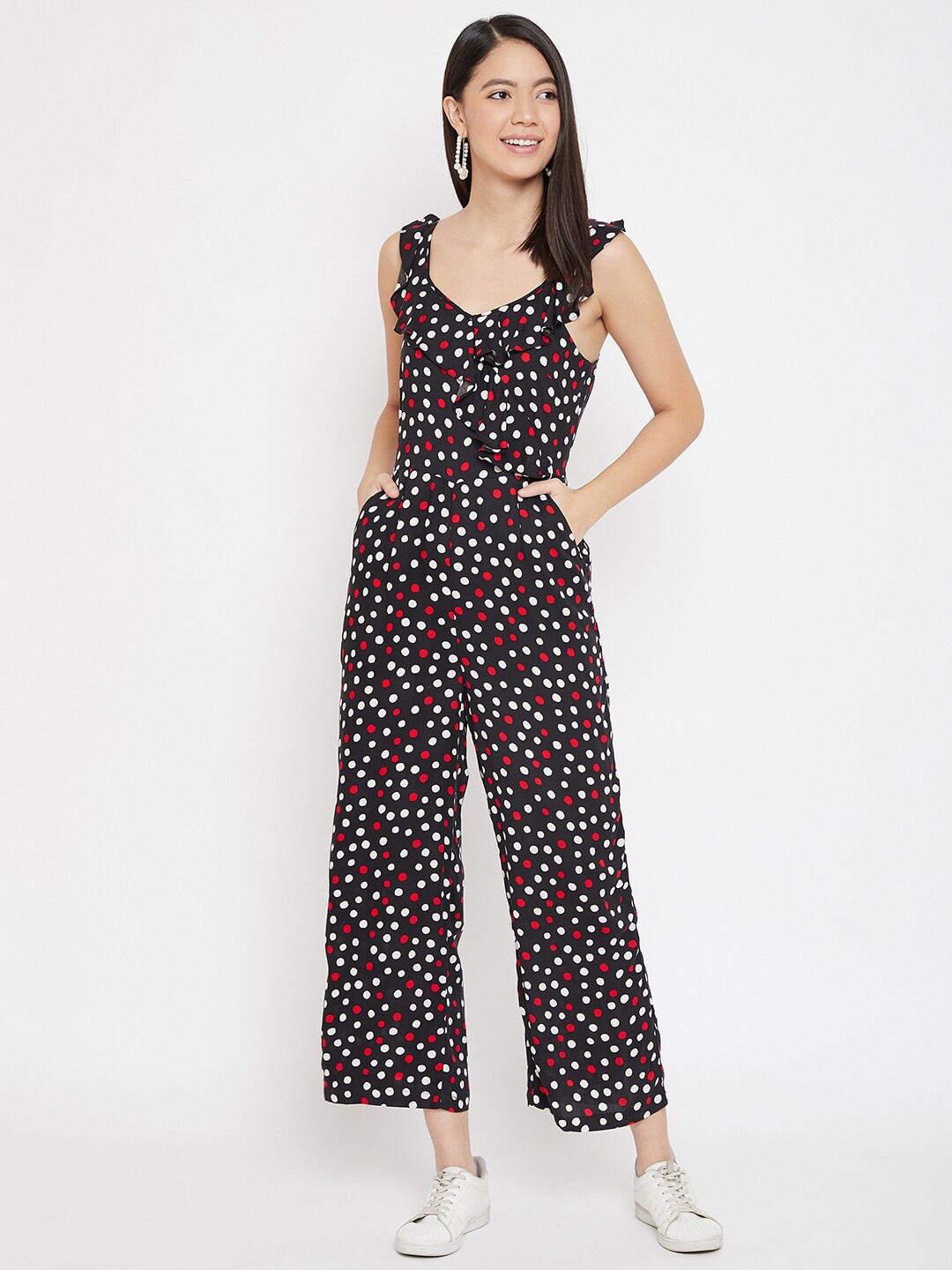 

Femella Women Black & White Polka Dot Printed Basic Jumpsuit