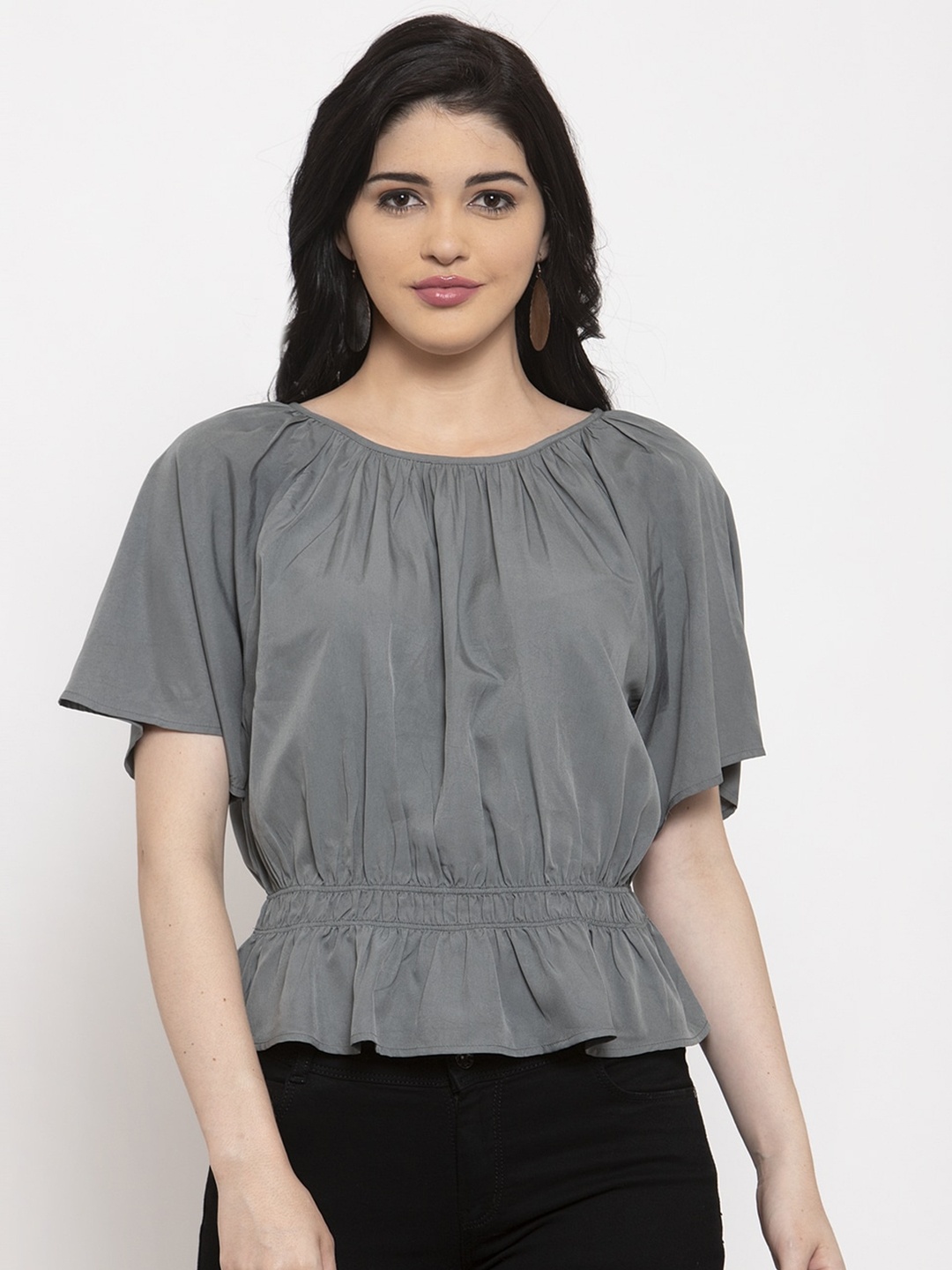 

ANAISA Women Grey Solid Cinched Waist Top with Tie-Ups