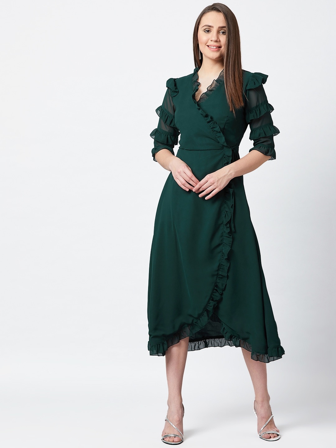 

PANIT Women Green Ruffled Solid Midi Wrap Dress