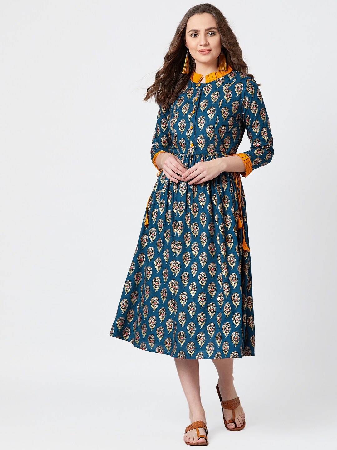 

PANIT Women Teal Blue & Golden Block Ethnic Motifs Print Midi A-Line Ethnic Dress