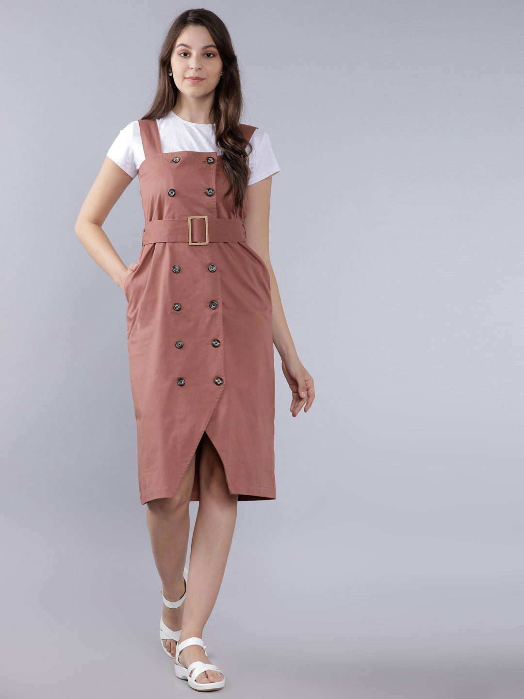 

Tokyo Talkies Women Pink Solid Pinafore Dress