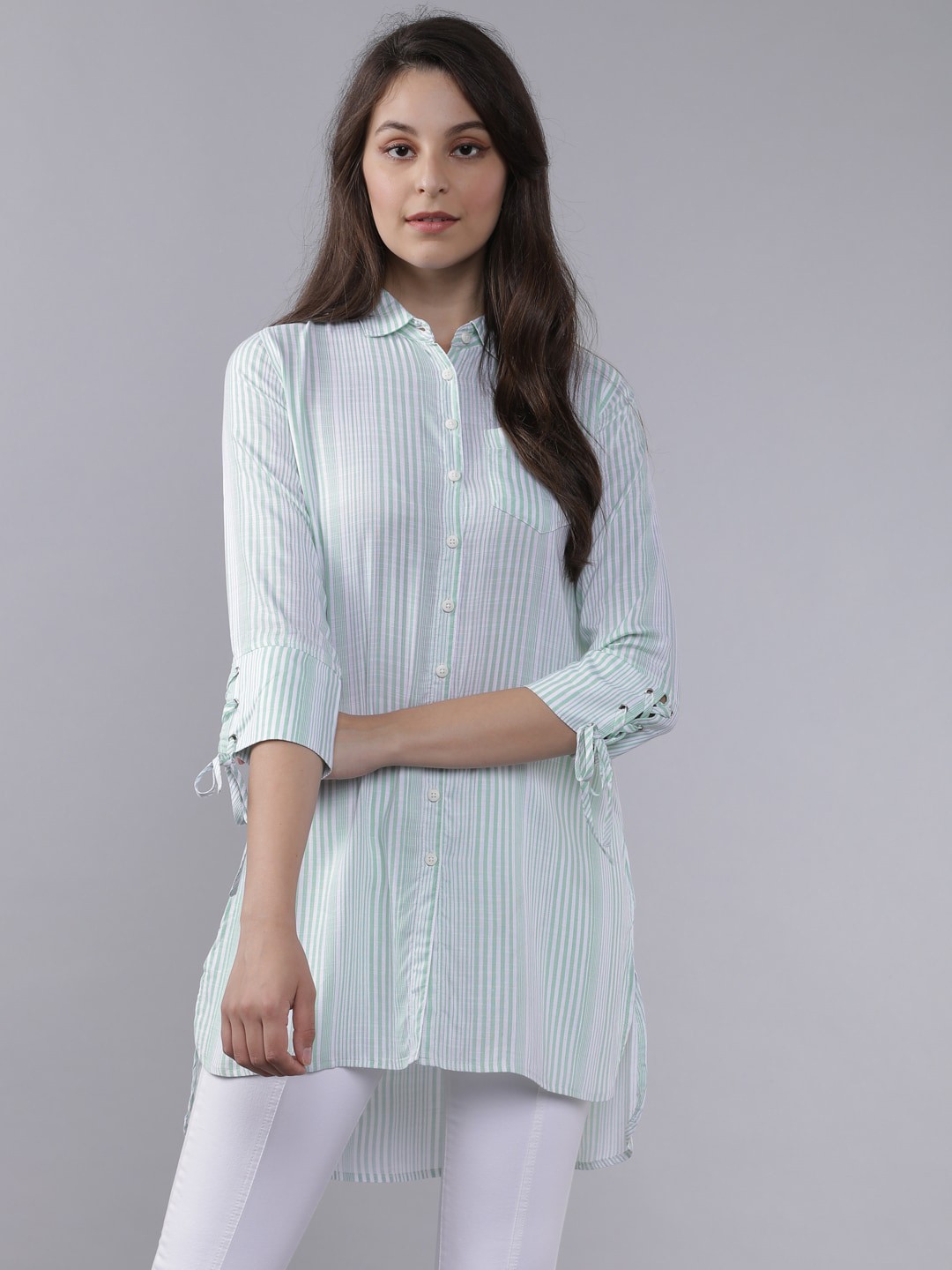

Tokyo Talkies Women Mint Green & White Regular Fit Striped Longline High-Low Casual Shirt
