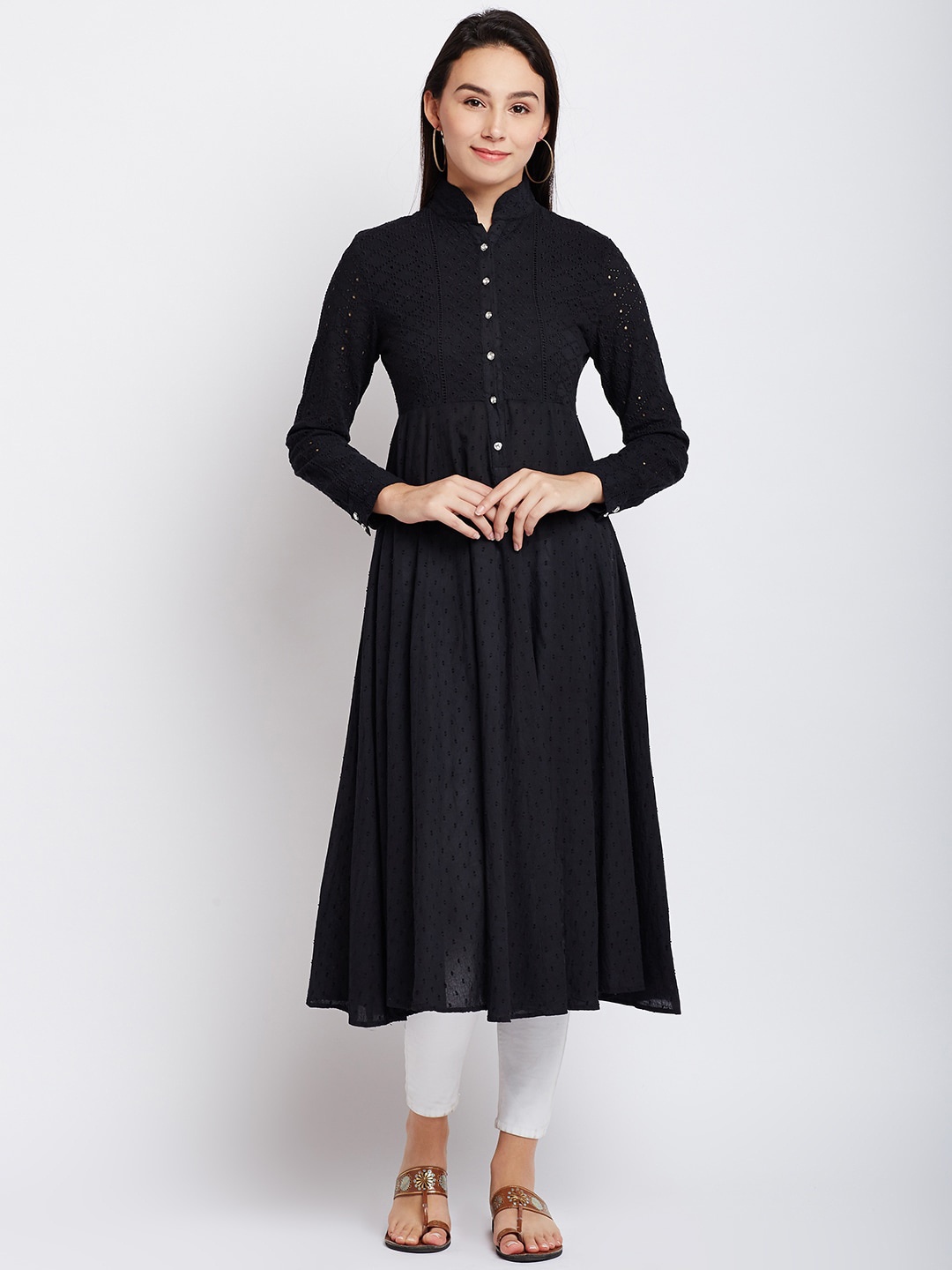 

PANIT Women Black Schiffli Embroidered Anarkali Kurta