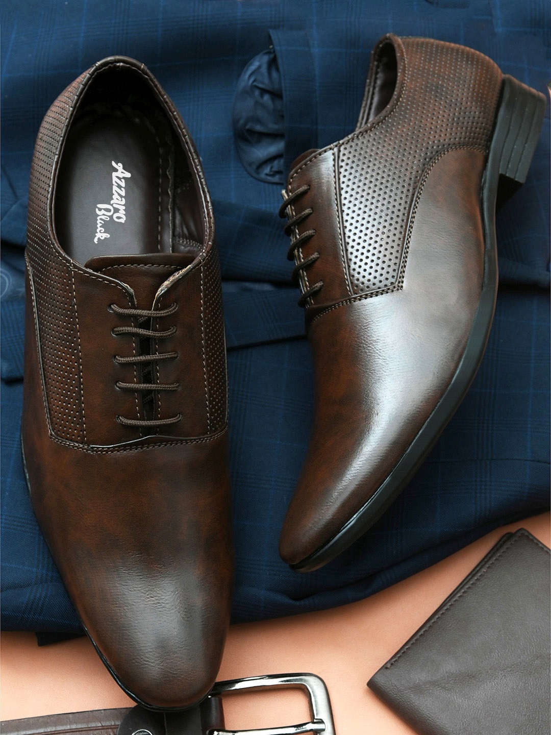 Azzaro Black Men Brown Textured Formal Oxfords