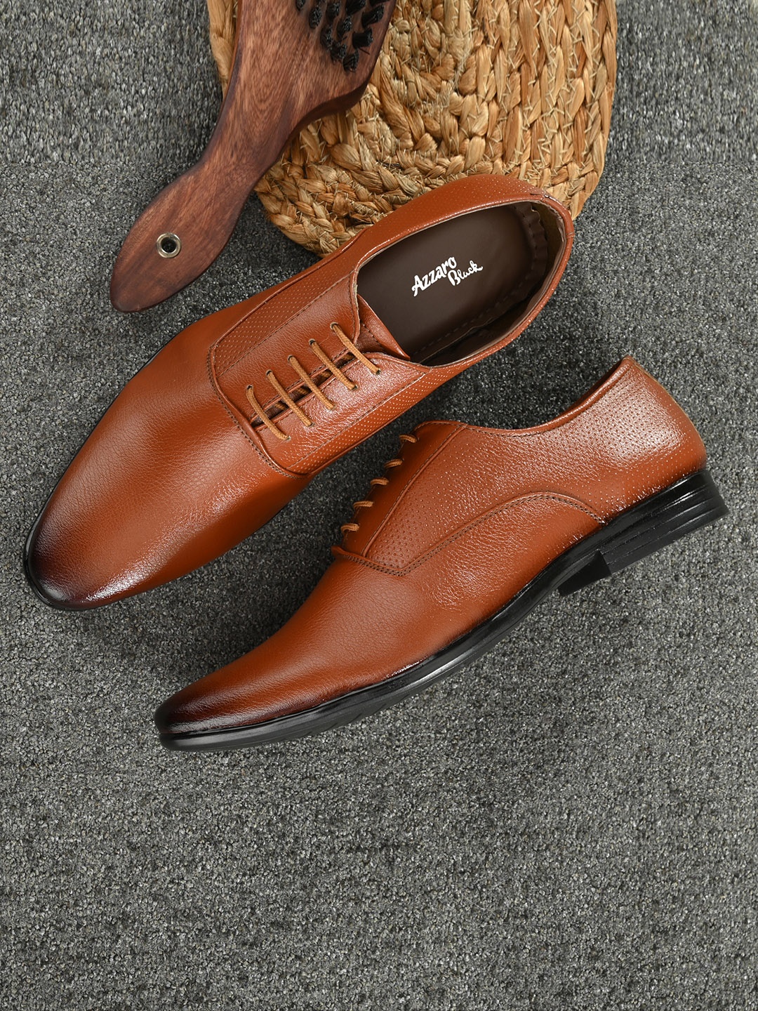 Azzaro Black Men Tan Brown Textured Formal Oxfords