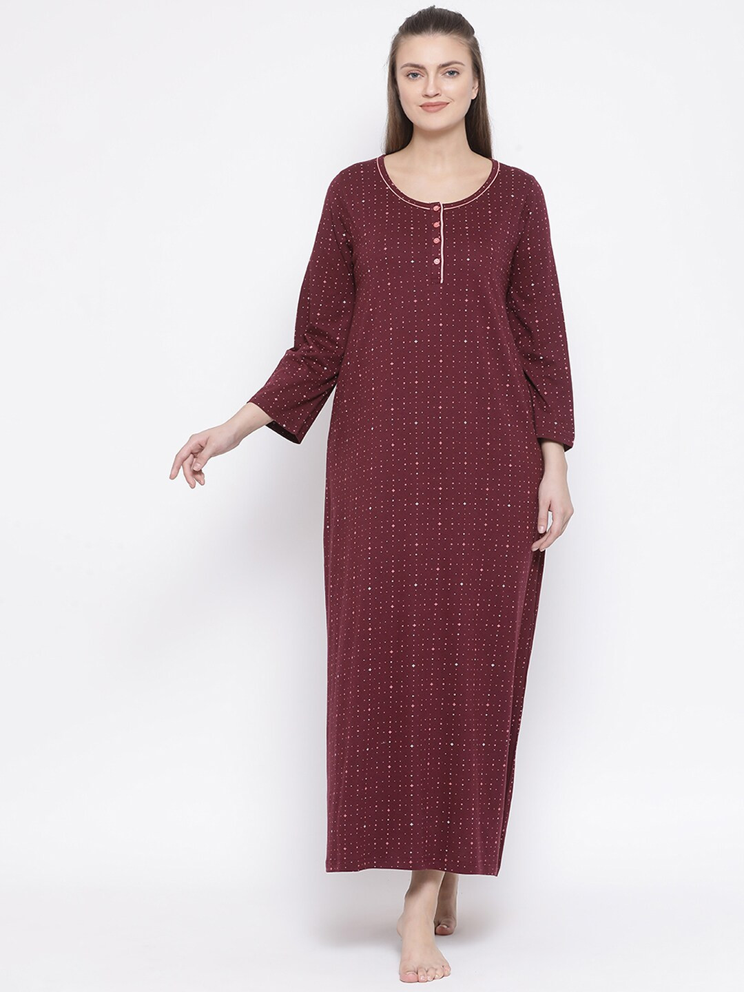 

Kanvin Burgundy & Pink Printed Maxi Nightdress