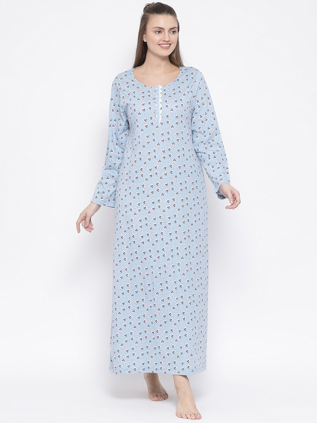 

Kanvin Blue & Pink Disty Floral Print Maxi Nightdress