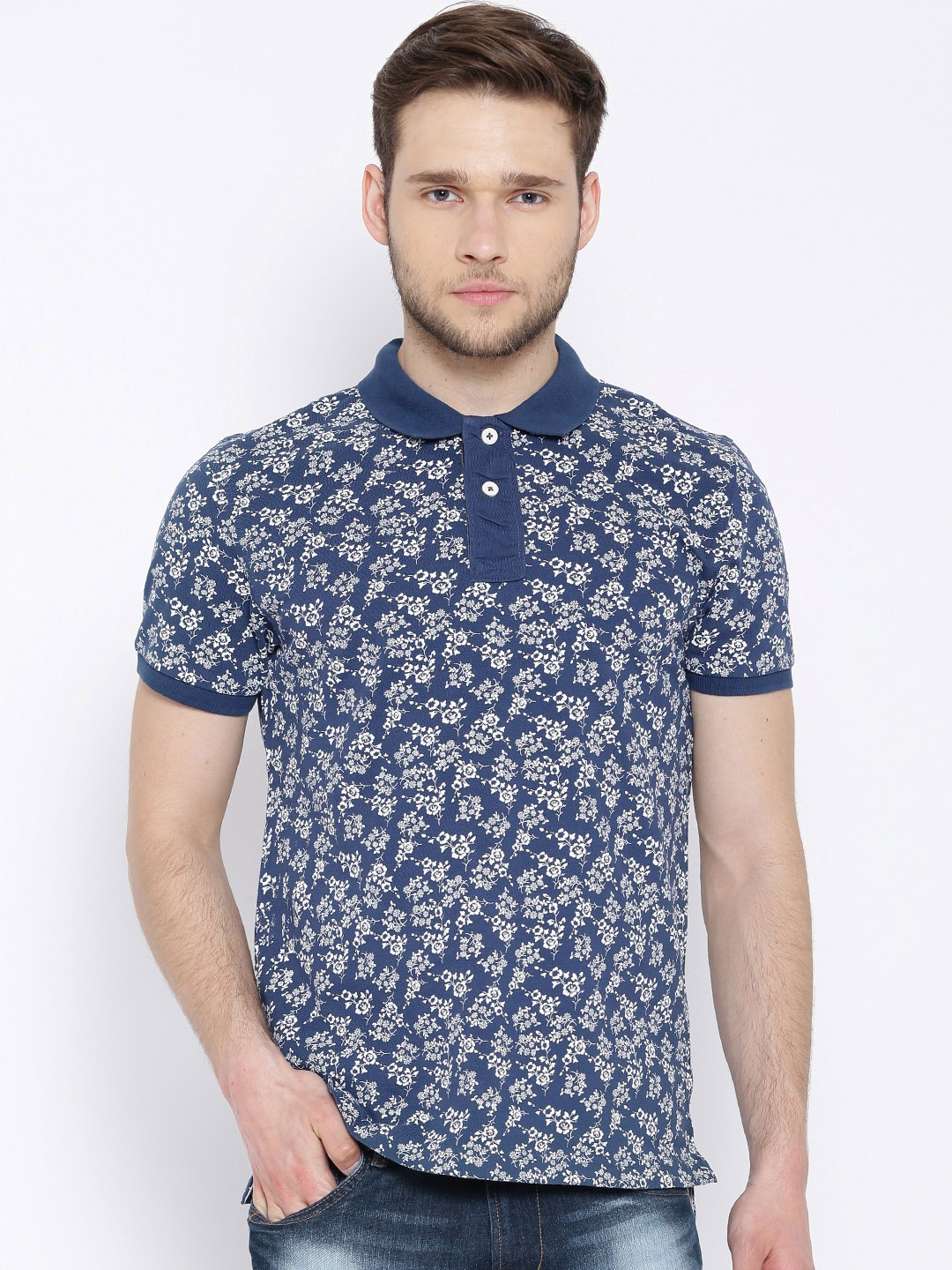 

Flying Machine Blue Floral Print Polo Pure Cotton T-shirt