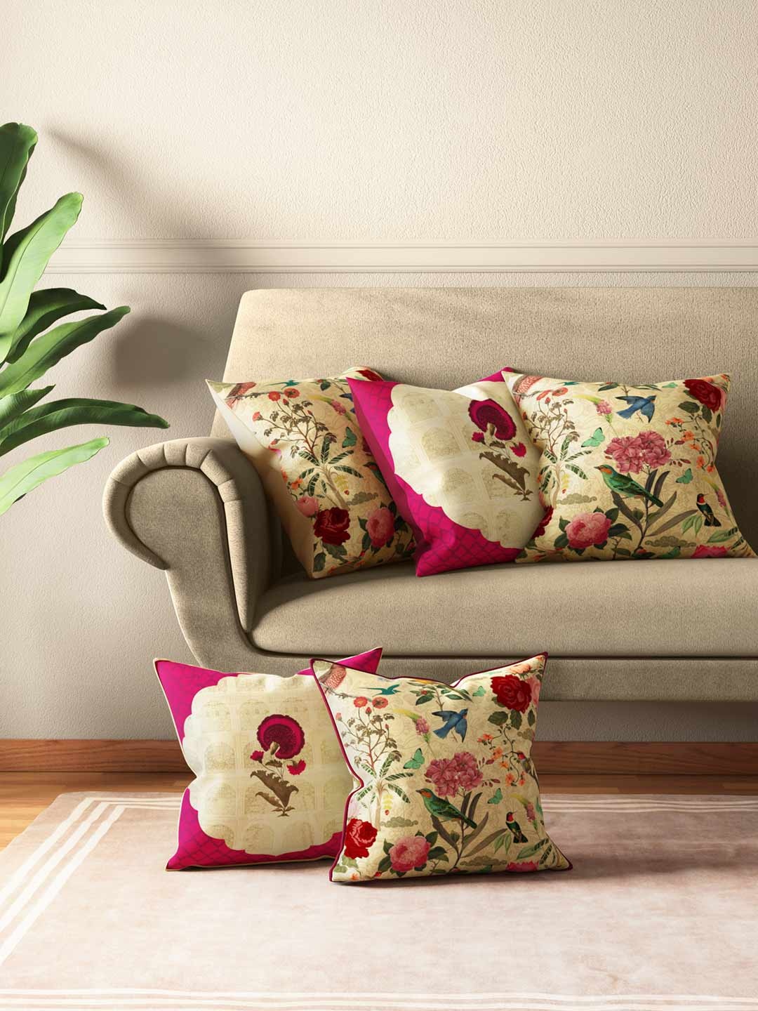 

India Circus by Krsnaa Mehta Set of 5 Floral Print Square Cushion Covers, Beige