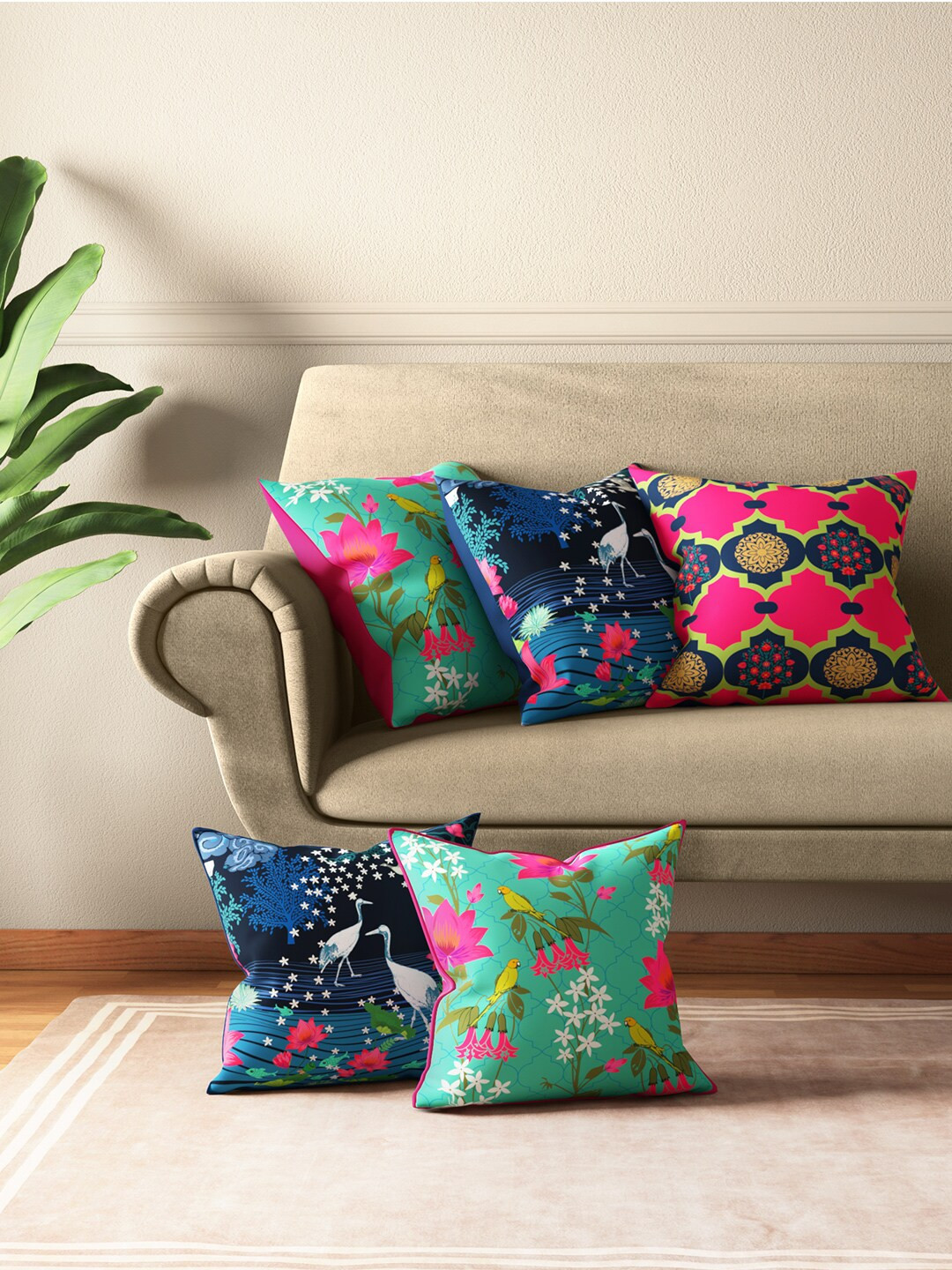 

India Circus by Krsnaa Mehta Set of 5 Floral & Ethnic Print Square Cushion Covers, Multi