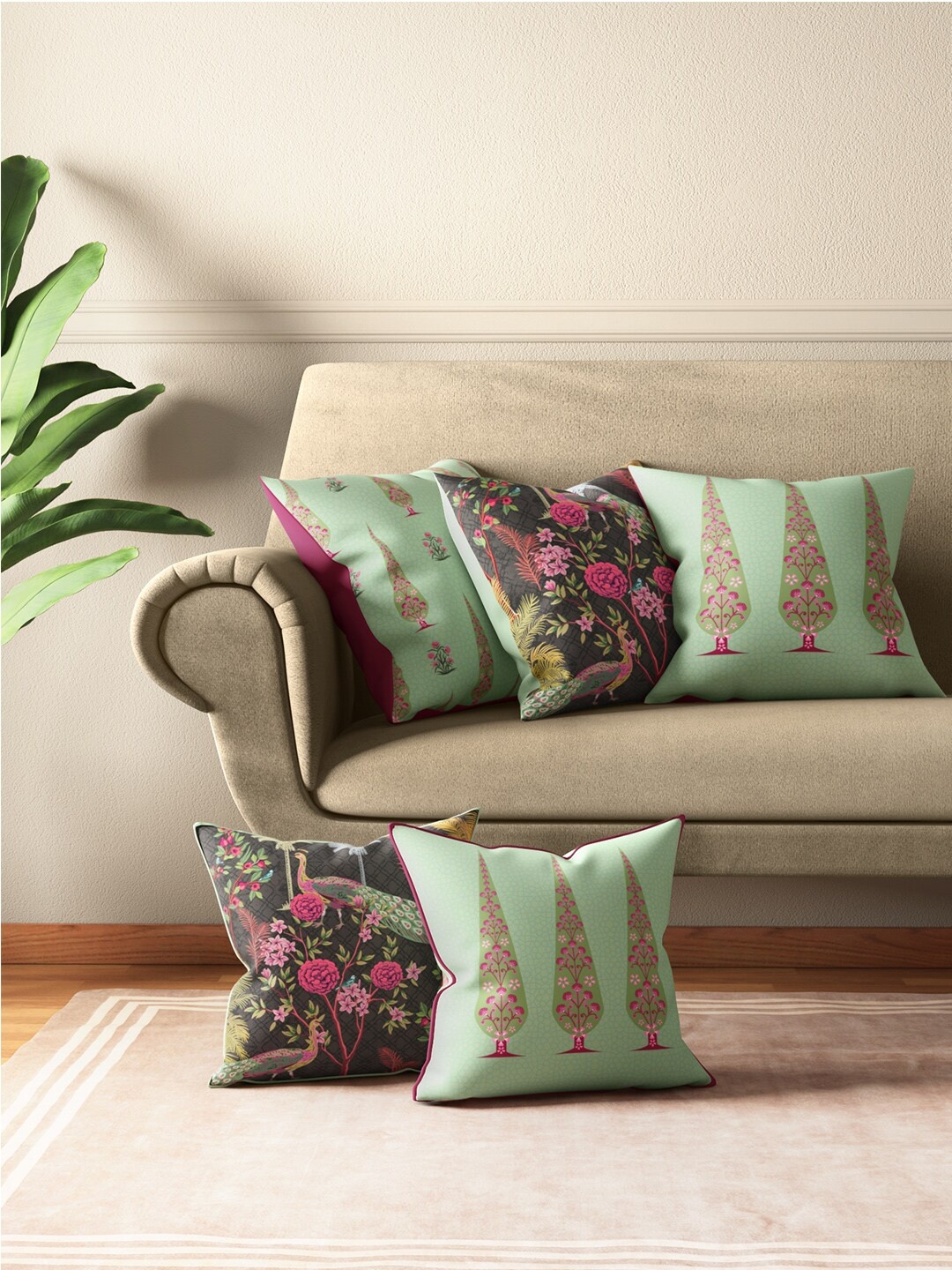 

India Circus by Krsnaa Mehta Set of 5 Floral Print Square Cushion Covers, Sea green