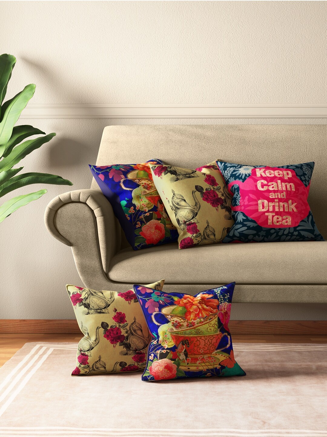 

India Circus by Krsnaa Mehta Set of 5 Printed Square Cushion Covers, Blue