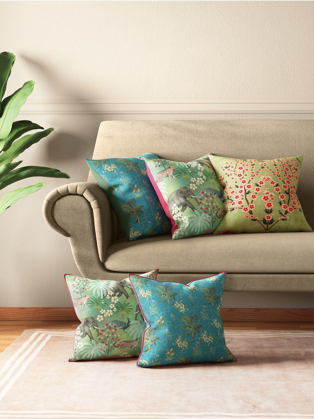 

India Circus by Krsnaa Mehta Set of 5 Floral Print Square Cushion Covers, Blue