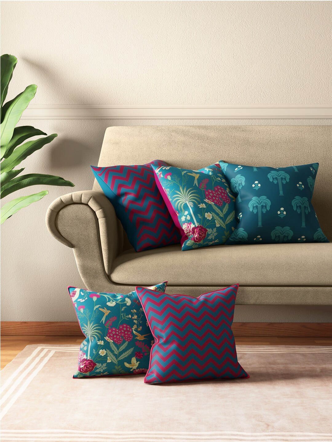 

India Circus by Krsnaa Mehta Blue & Pink Set of 5 Chevron Square Cushion Covers