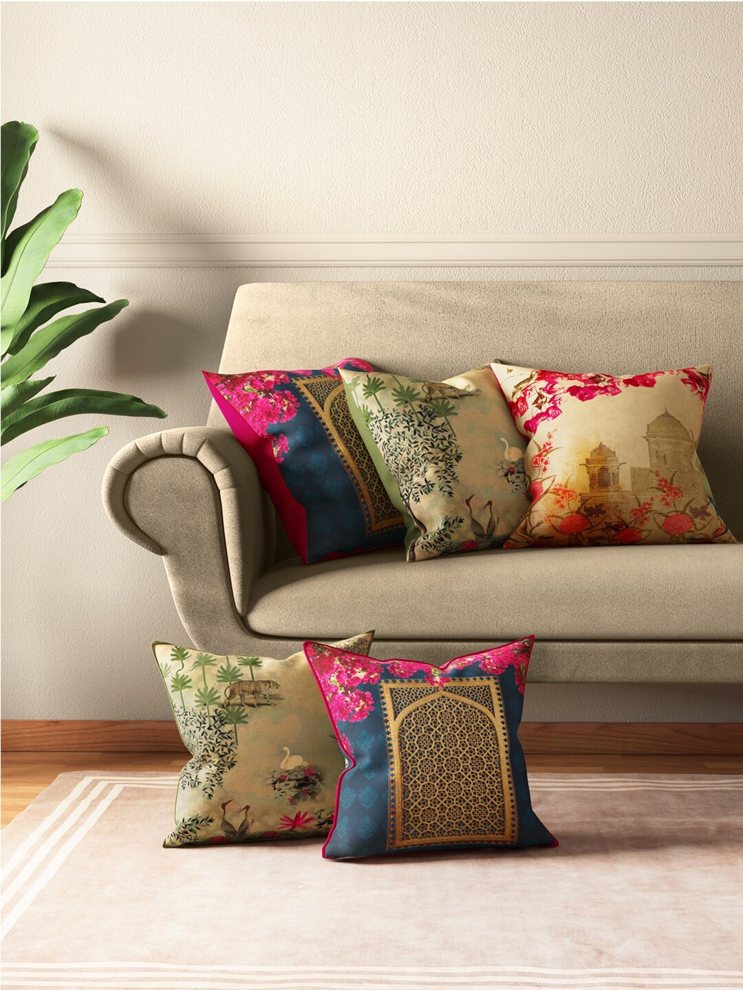 

India Circus by Krsnaa Mehta Blue & Pink Set of 5 Floral Square Cushion Covers