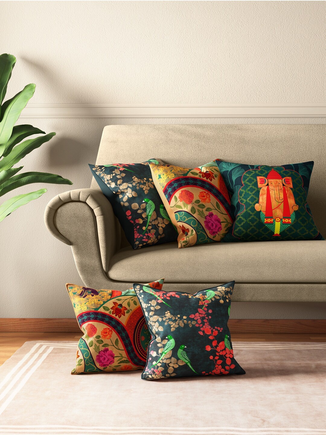 

India Circus by Krsnaa Mehta Blue & Beige Set of 5 Floral Square Cushion Covers