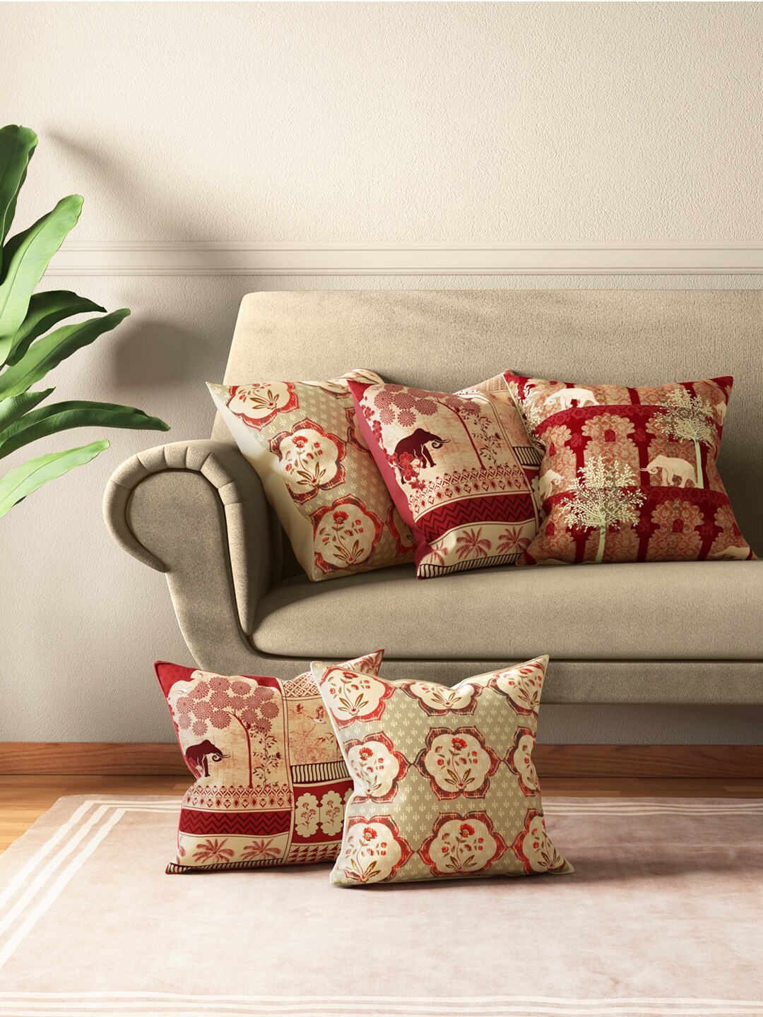 

India Circus by Krsnaa Mehta Beige & Red Set of 5 Geometric Square Cushion Covers
