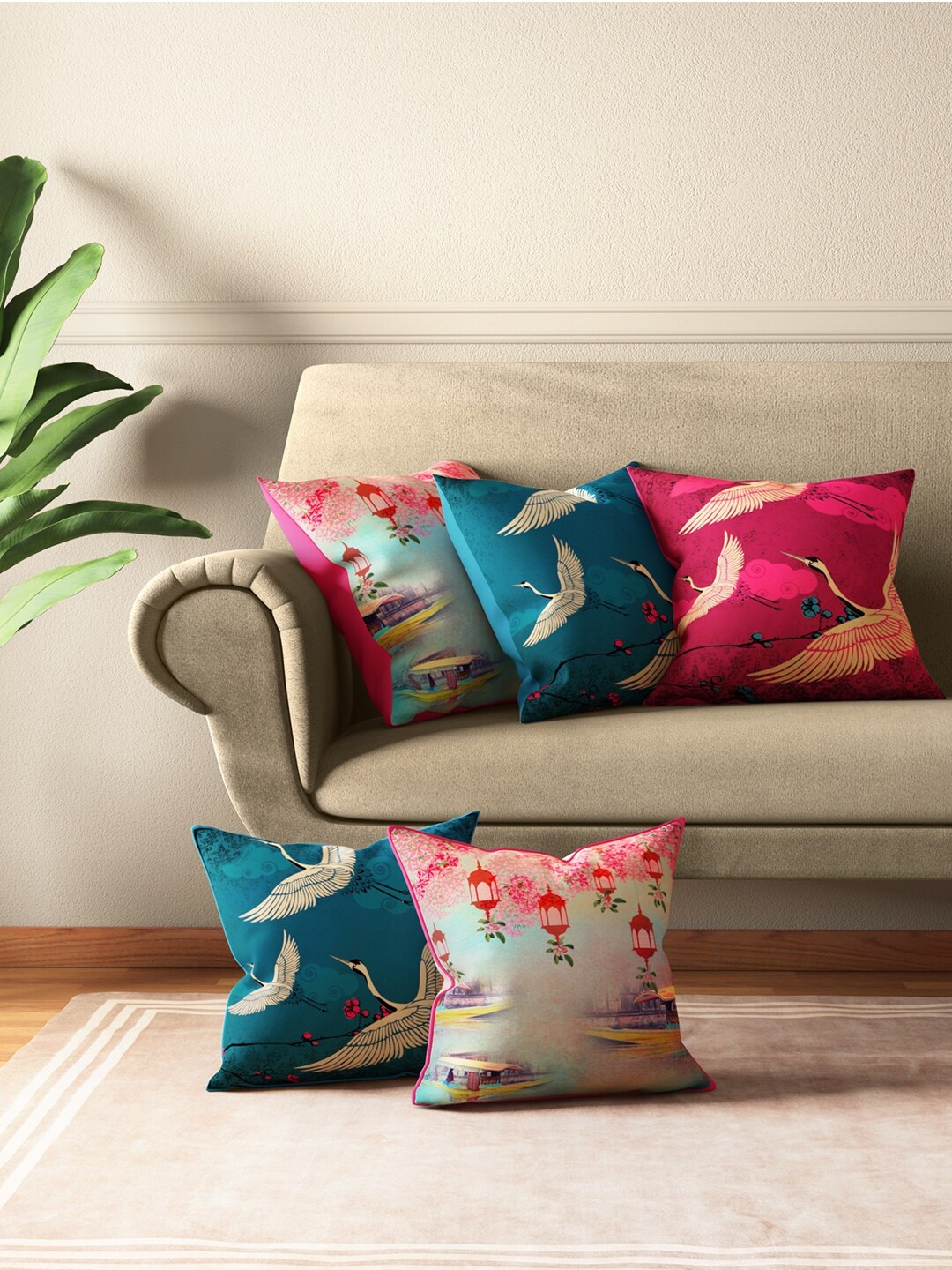 

India Circus by Krsnaa Mehta Pink & Blue Set of 5 Quirky Square Cushion Covers