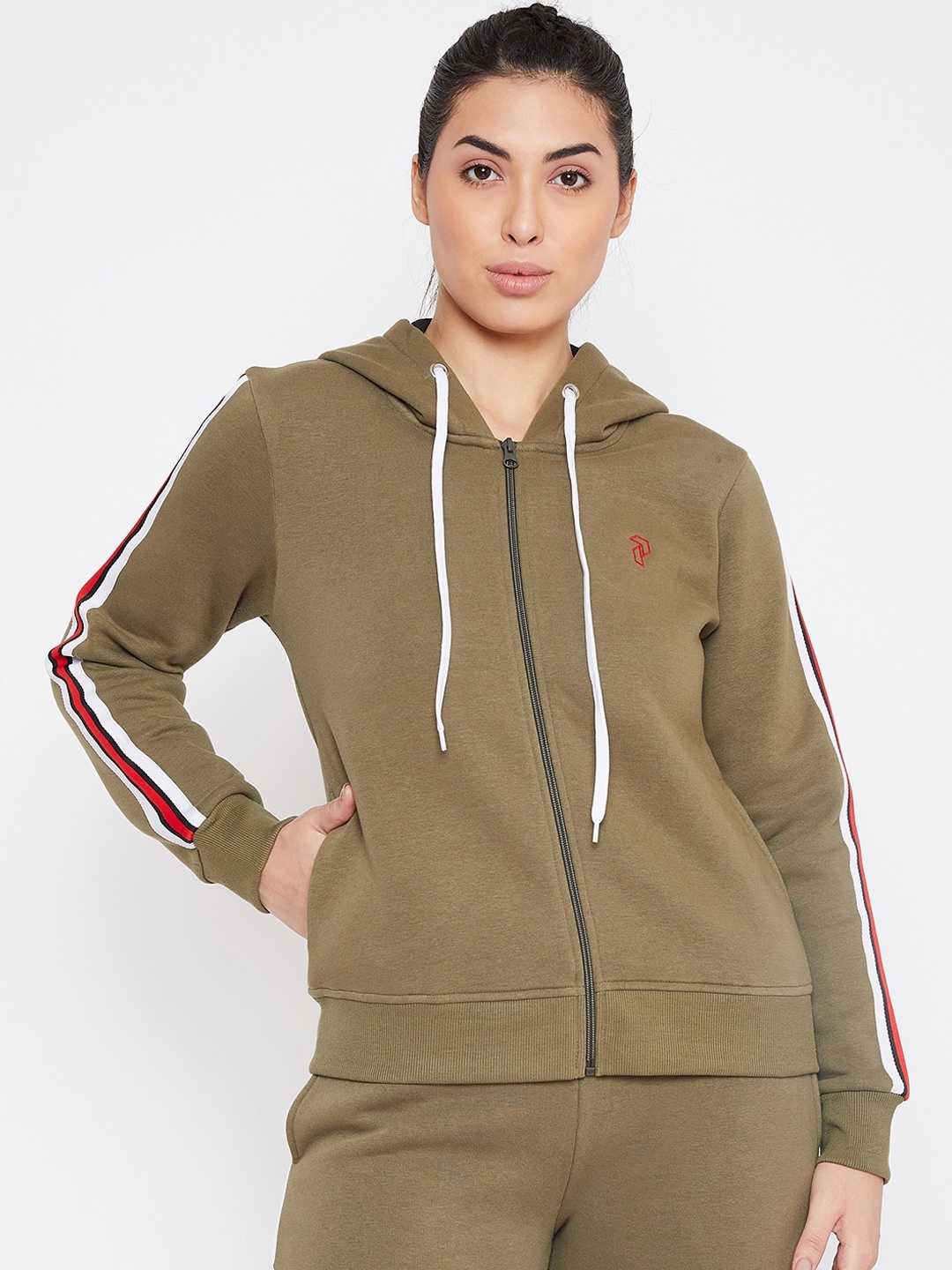 

PERFKT-U Women Olive Green Solid Hooded Sweatshirt