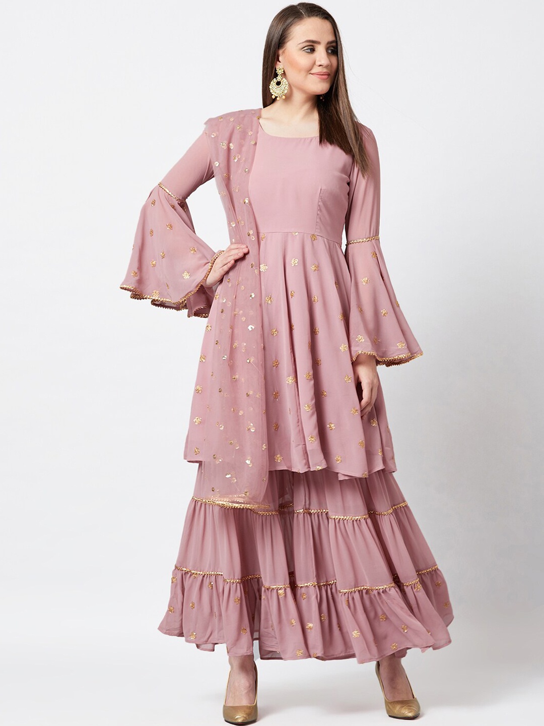 

PANIT Women Pink Embroidered Kurta with Sharara & Dupatta