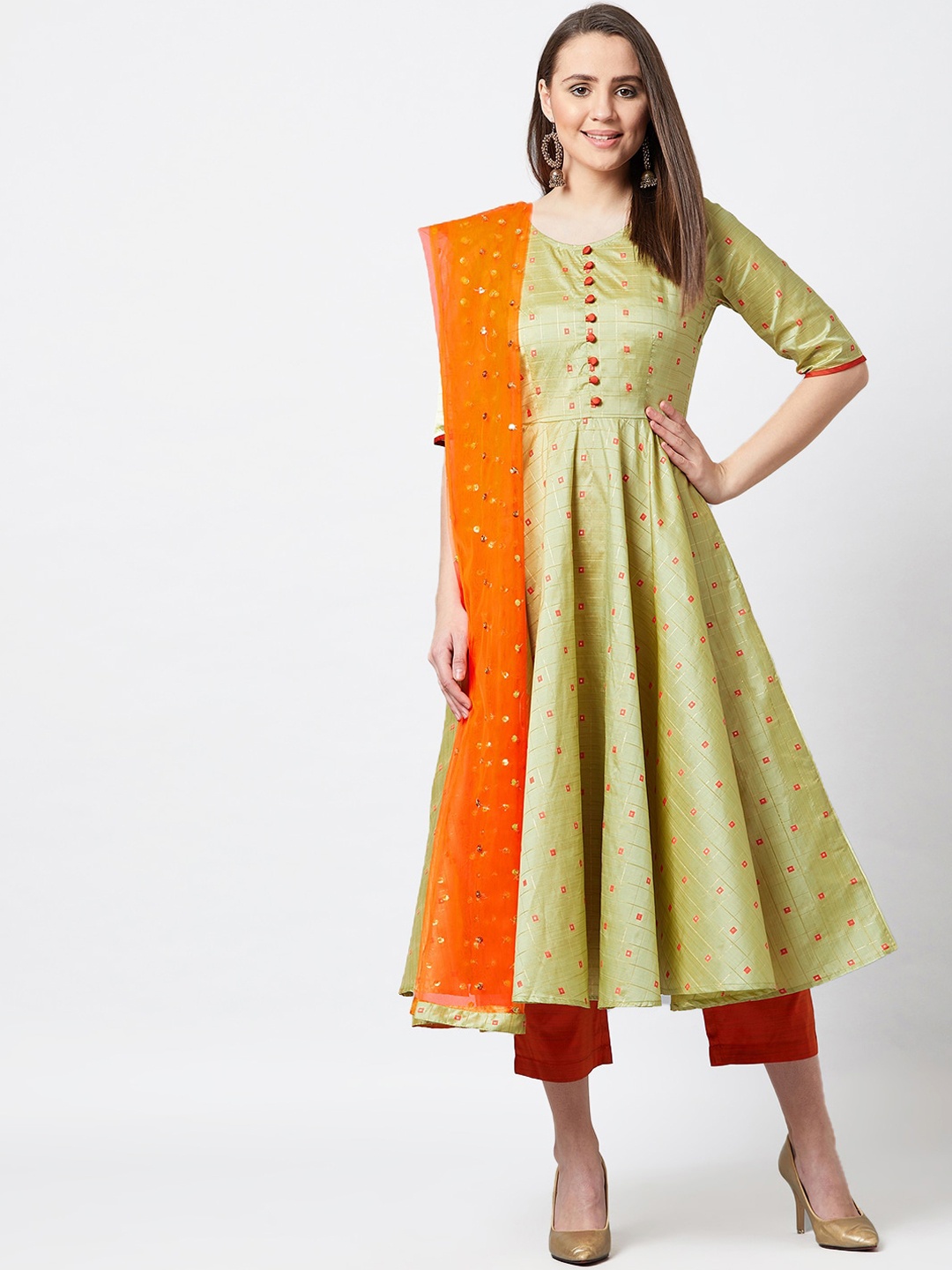 

PANIT Women Olive Green & Coral Red Embroidered Kurta with Trousers & Dupatta