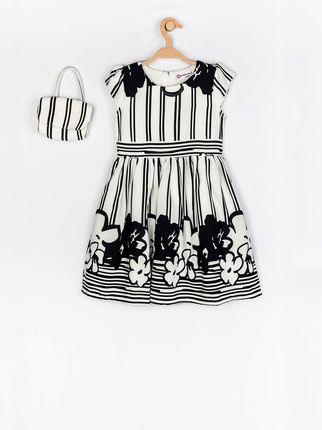 

Peppermint Girls White & Black Printed Fit and Flare Dress With Handheld Bag