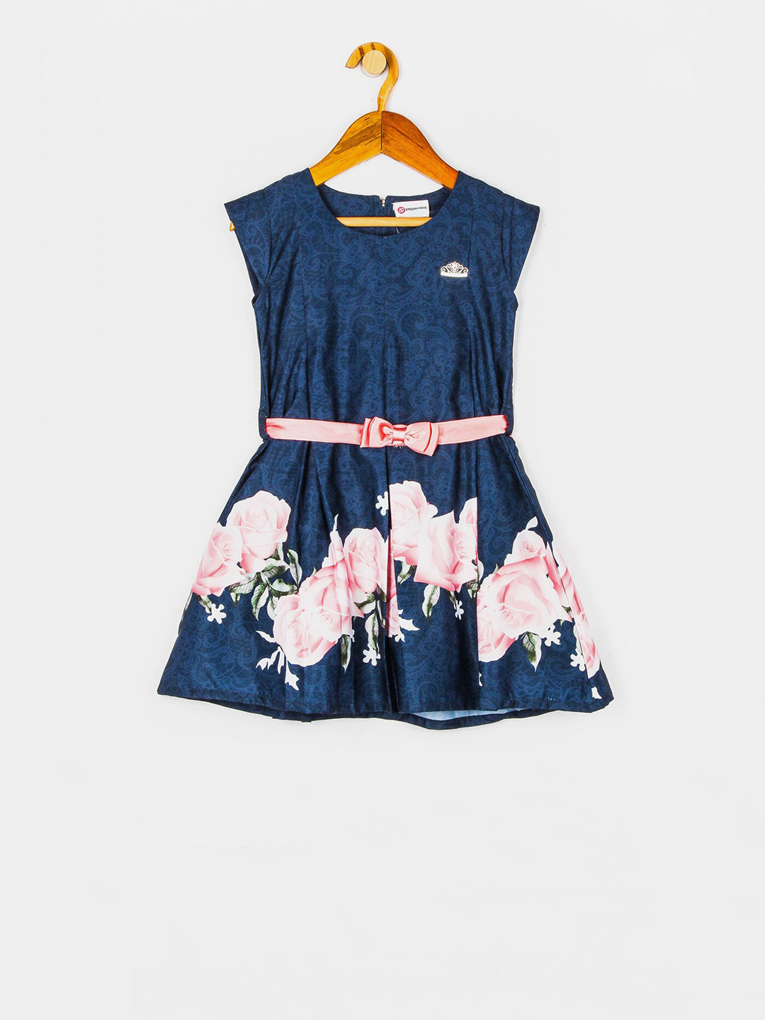 

Peppermint Girls Navy Blue Floral Printed Fit and Flare Dress